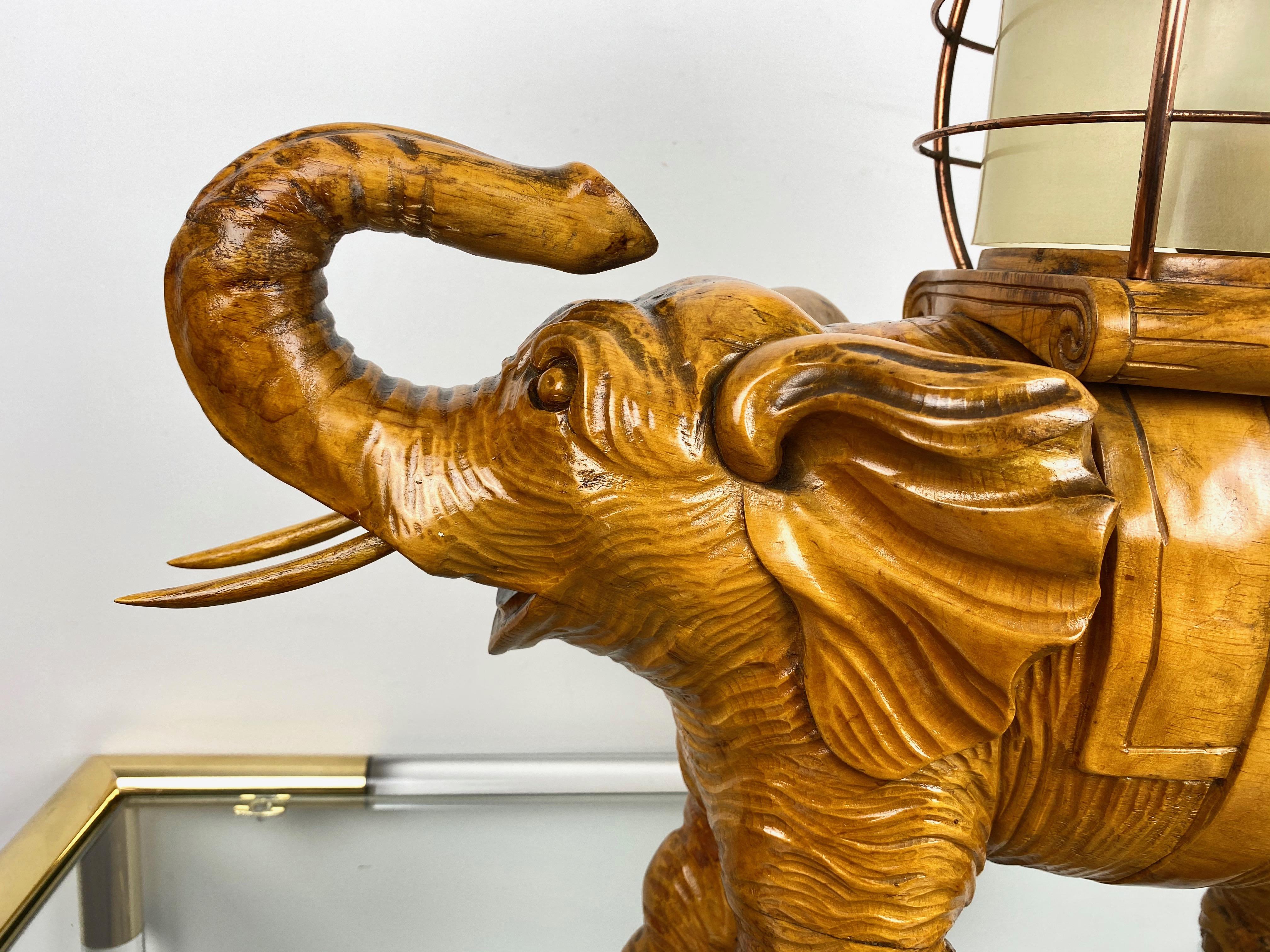 Elephant Table Lamp Hand Carved Wood and Copper Aldo Tura for Macabo Italy 1950s For Sale 2