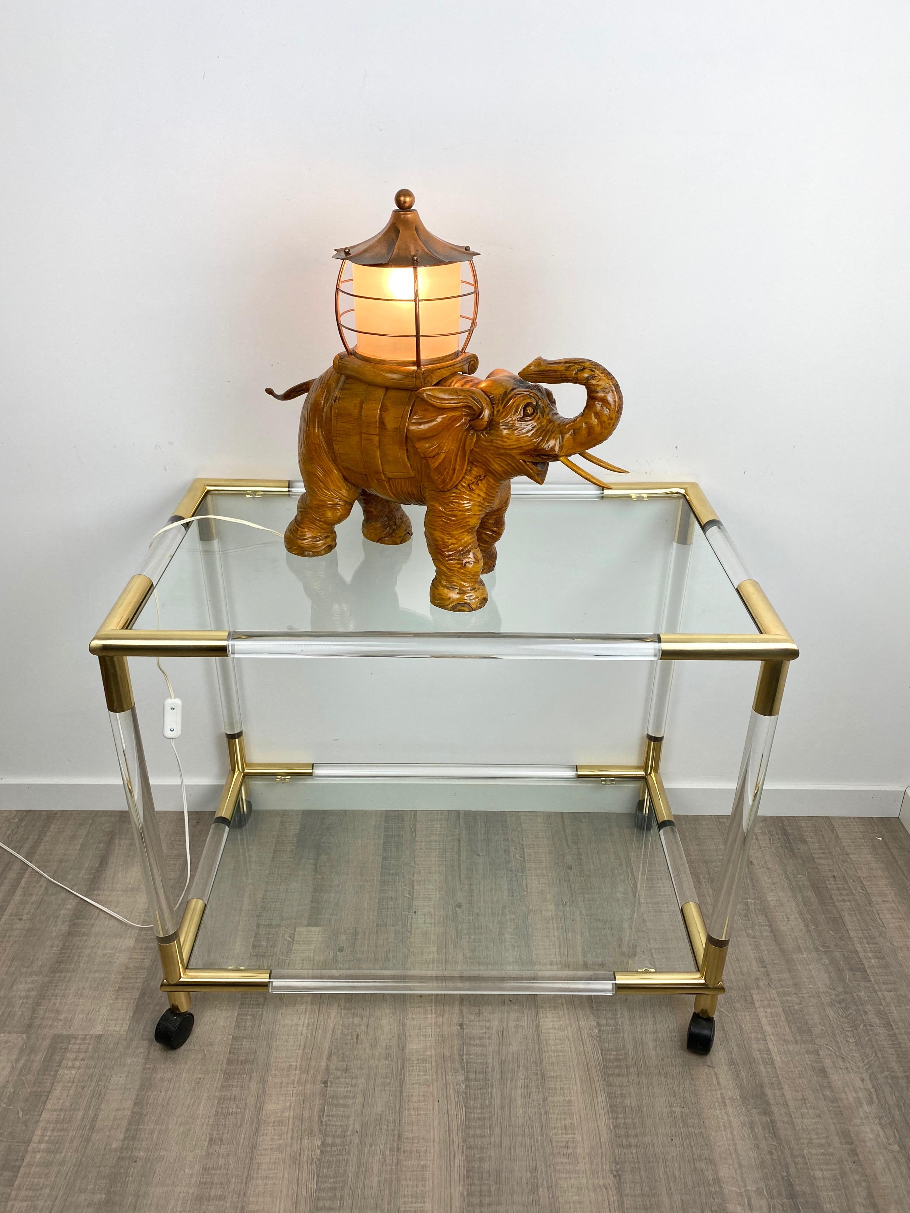 Elephant Table Lamp Hand Carved Wood and Copper Aldo Tura for Macabo Italy 1950s For Sale 3