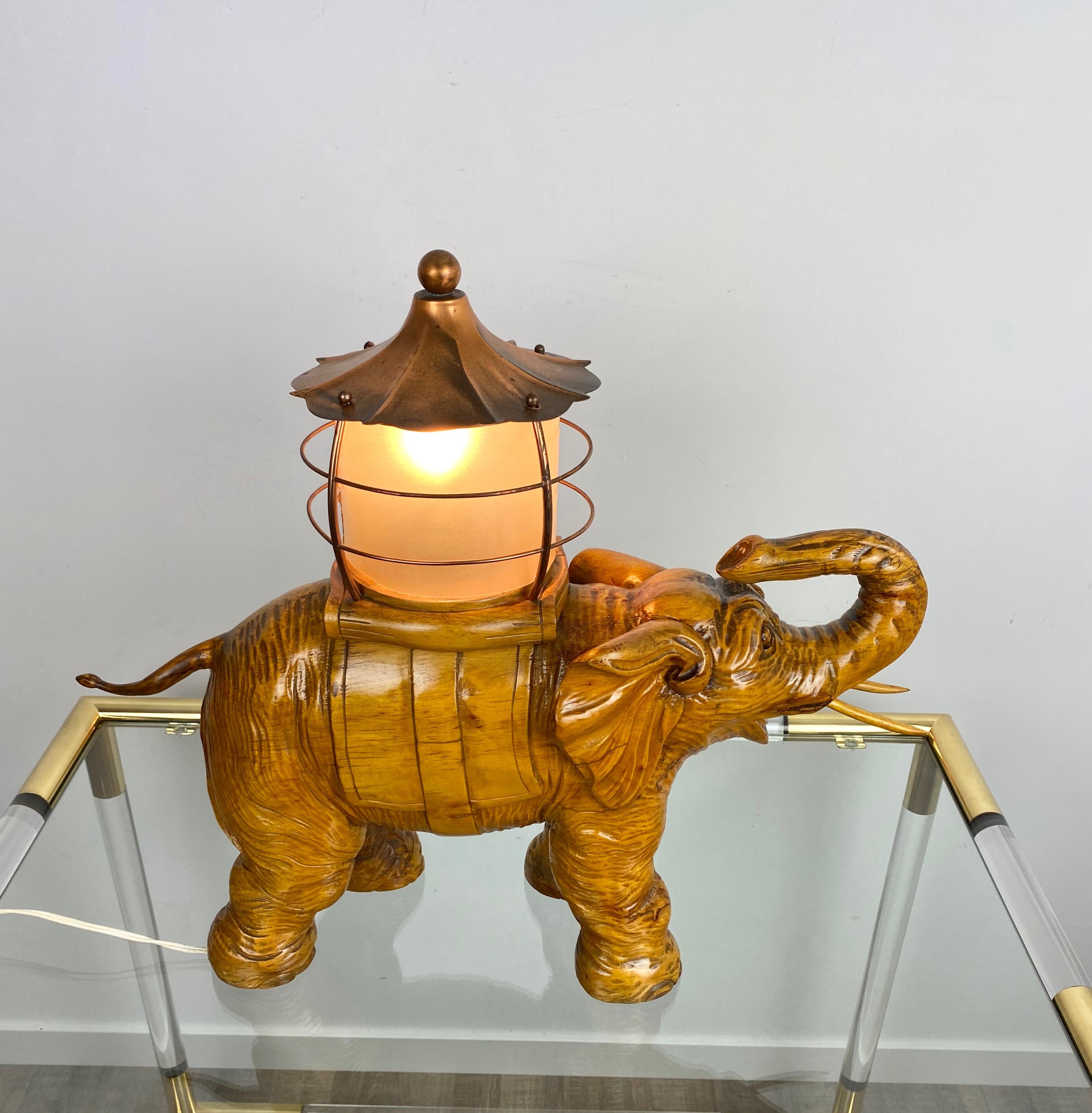 Elephant Table Lamp Hand Carved Wood and Copper Aldo Tura for Macabo Italy 1950s For Sale 4