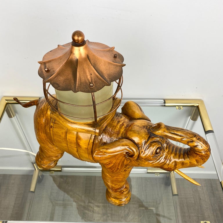 Elephant Table Lamp Hand Carved Wood and Copper Aldo Tura for Macabo Italy 1950s For Sale at 1stDibs