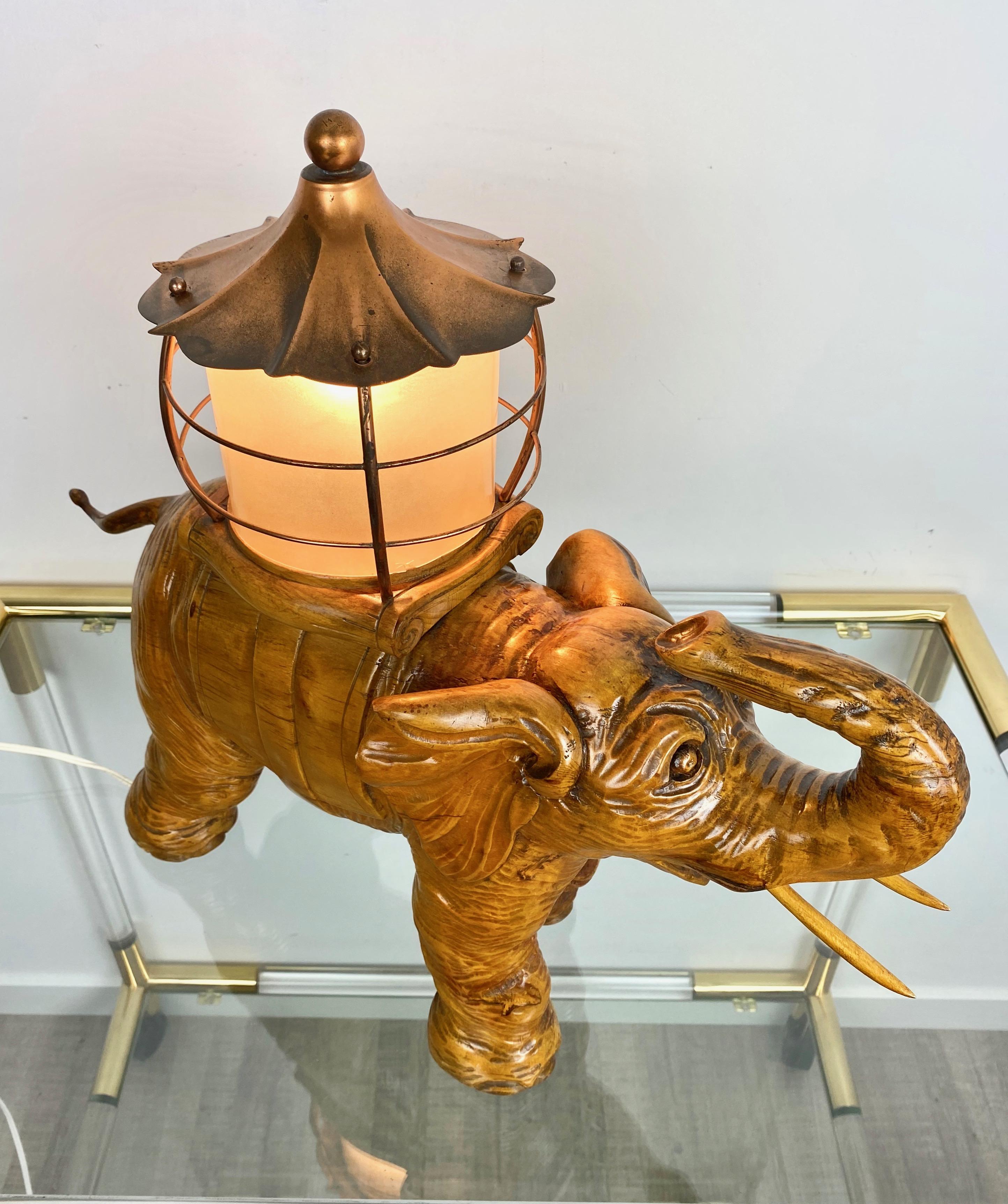 Italian Elephant Table Lamp Hand Carved Wood and Copper Aldo Tura for Macabo Italy 1950s For Sale