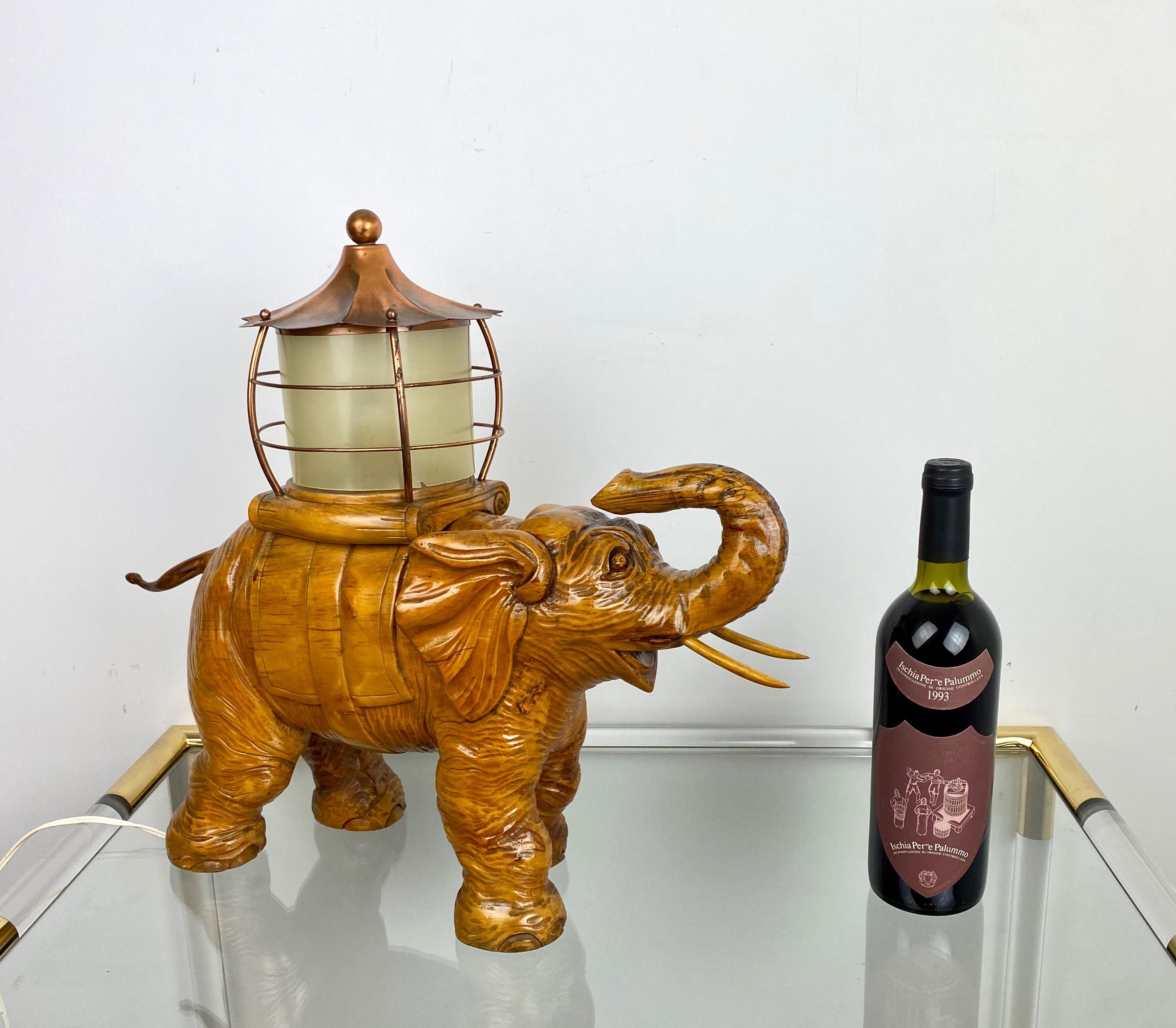 Hand-Carved Elephant Table Lamp Hand Carved Wood and Copper Aldo Tura for Macabo Italy 1950s For Sale