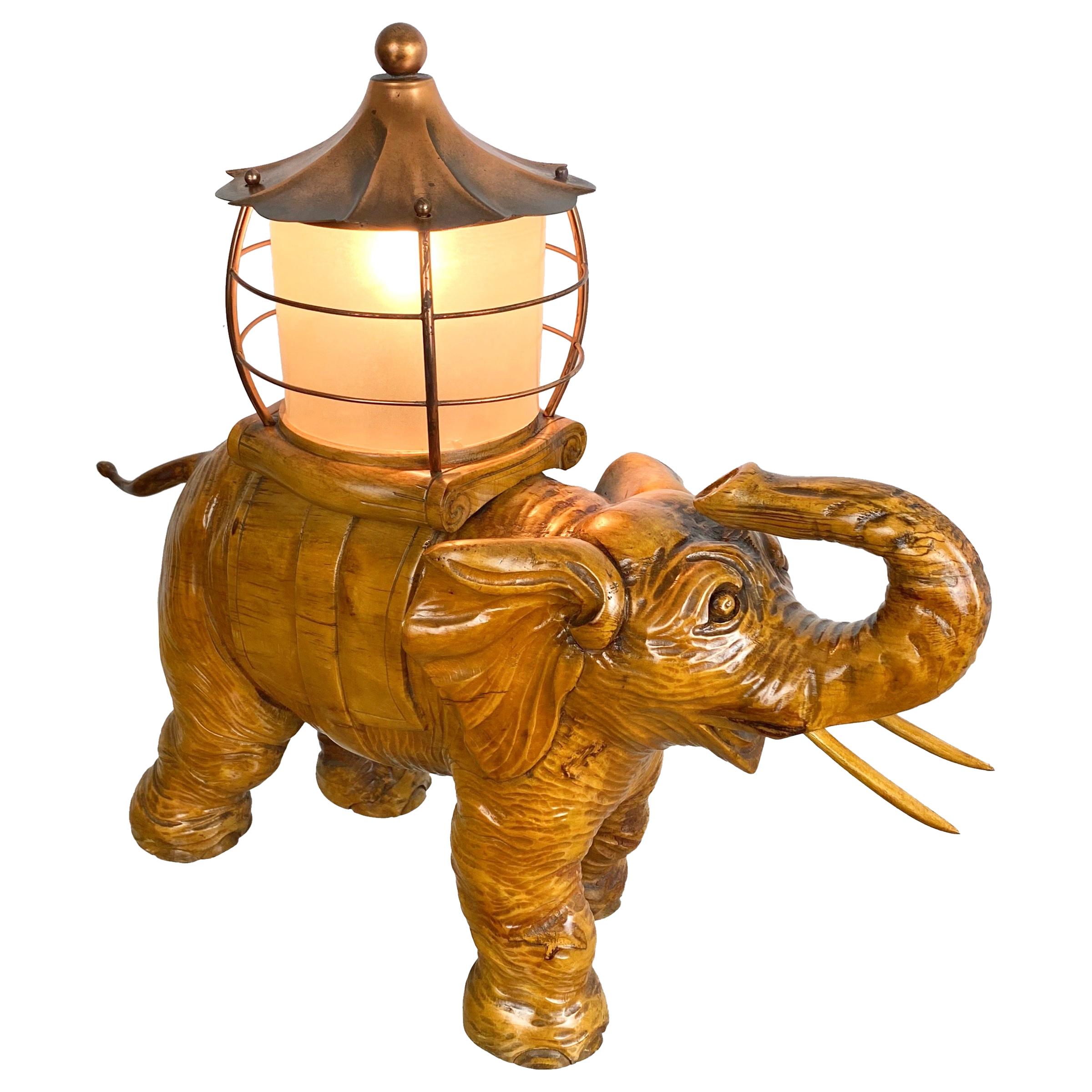 Elephant Table Lamp Hand Carved Wood and Copper Aldo Tura for Macabo Italy 1950s