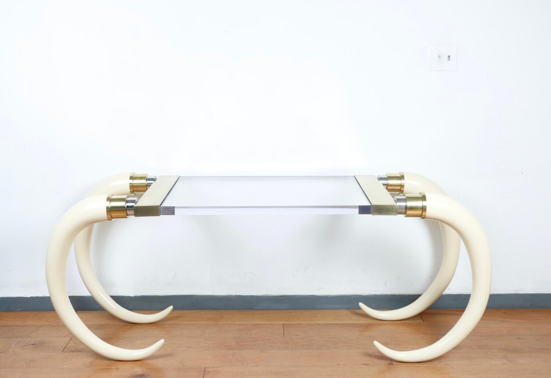 Mid-Century Modern Elephant Tusks with Lucite Top Console Table by Suzanne Dahl and Jerry Barrich