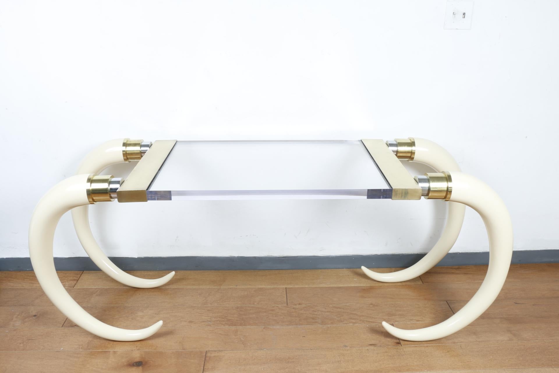 Elephant Tusks with Lucite Top Console Table by Suzanne Dahl and Jerry Barrich In Good Condition In North Hollywood, CA