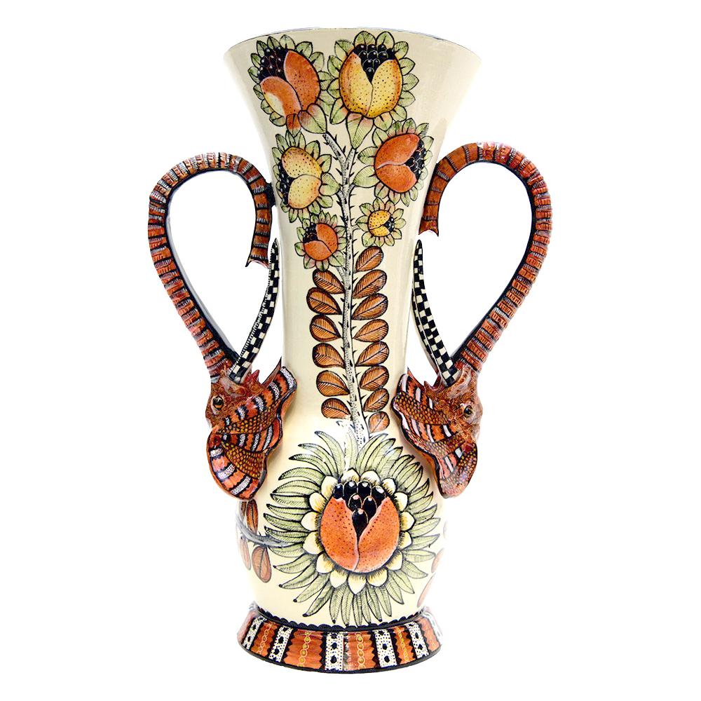 Elephant Vase by Love Art Ceramics. Hand sculpted by Sabelo/Sondy and hand painted by Zinhle Nene in South Africa. Measuring 14 inches high 10 inches in length and 7 inches in width.