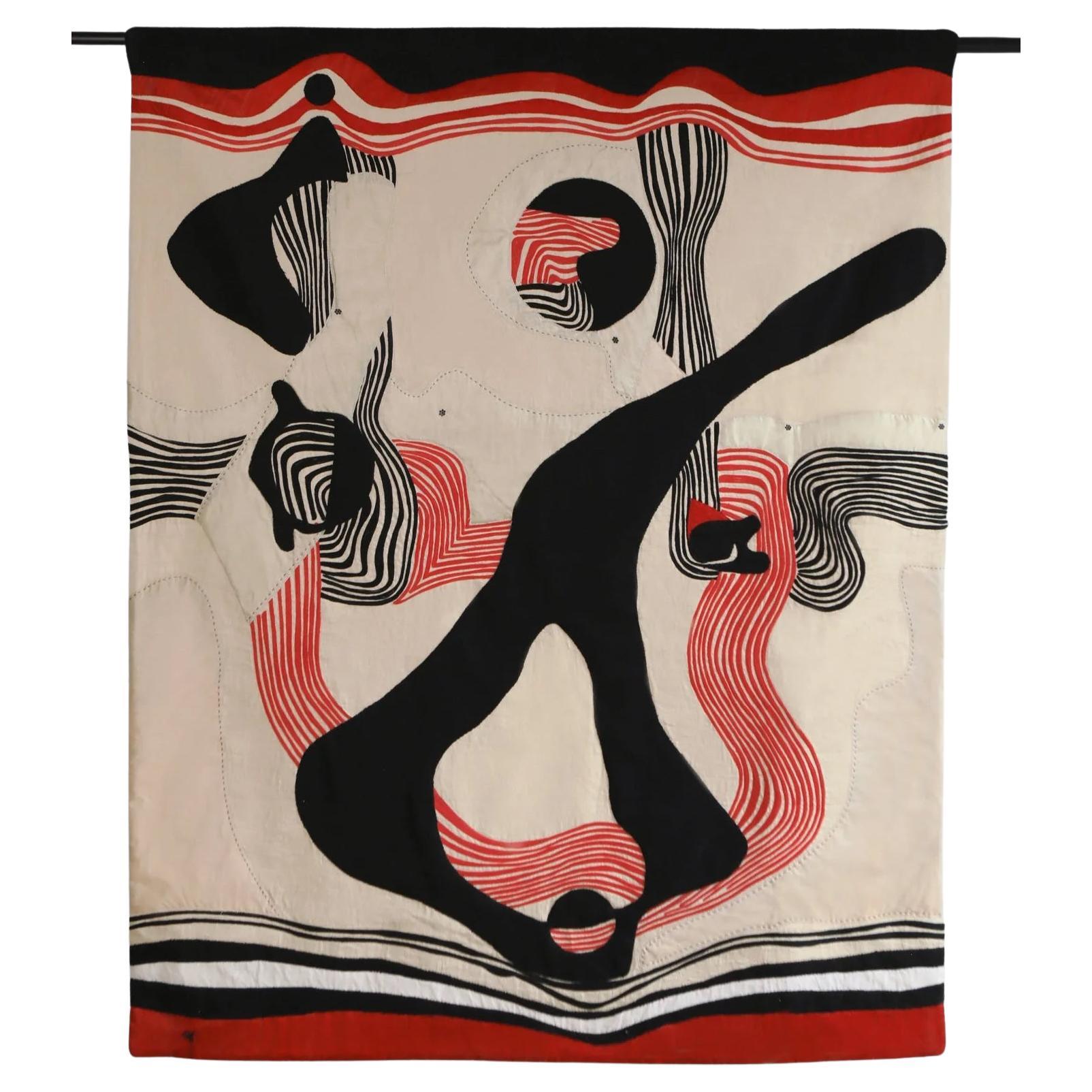 Floating Elephant Hand Sewn Embroidered Wall Tapestry with Silk Applique For Sale