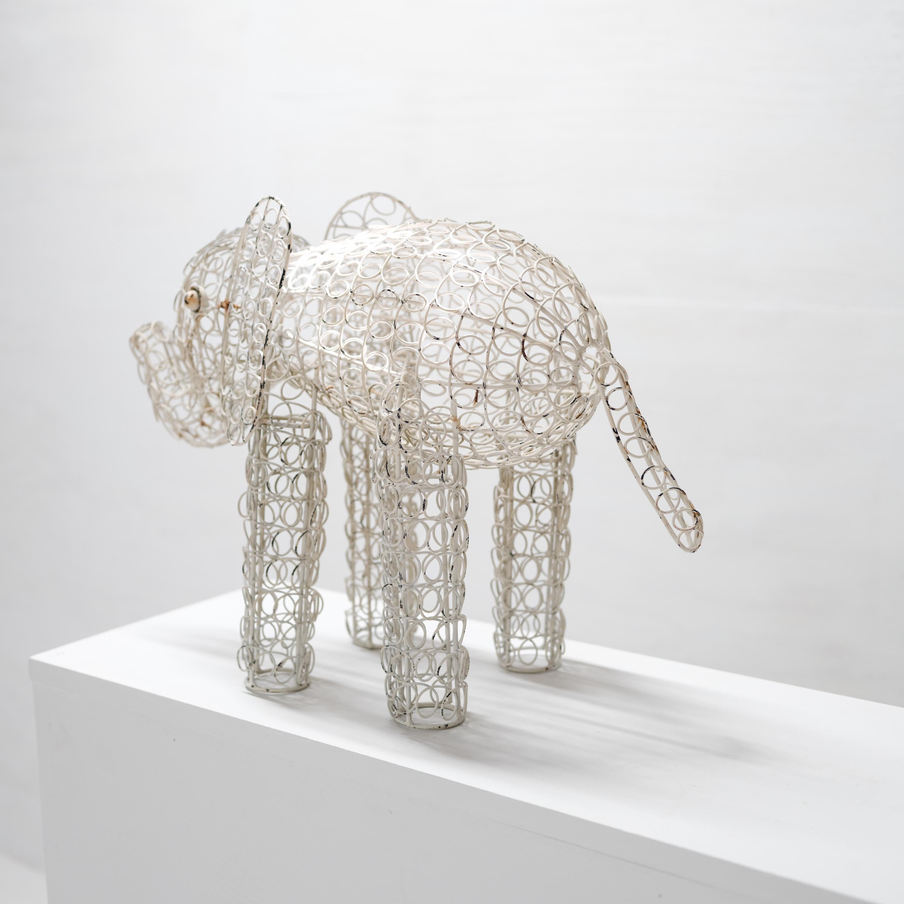 Painted Elephant, Wire Topiary form, Circa 1940s, Original White Paint, Minimalist
