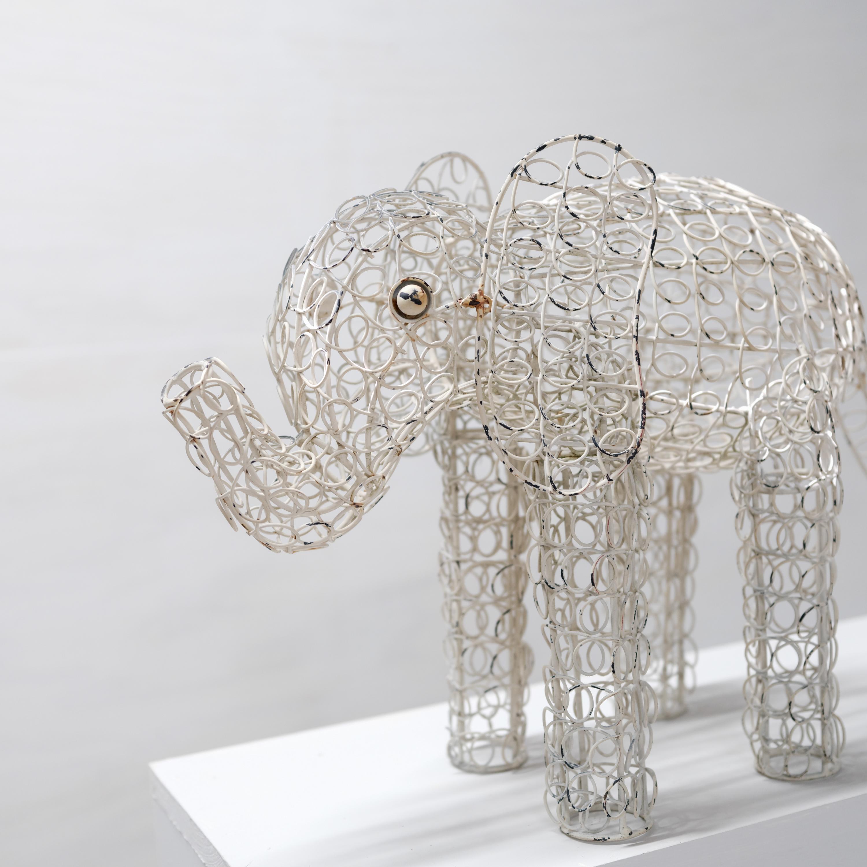 Elephant, Wire Topiary form, Circa 1940s, Original White Paint, Minimalist 1
