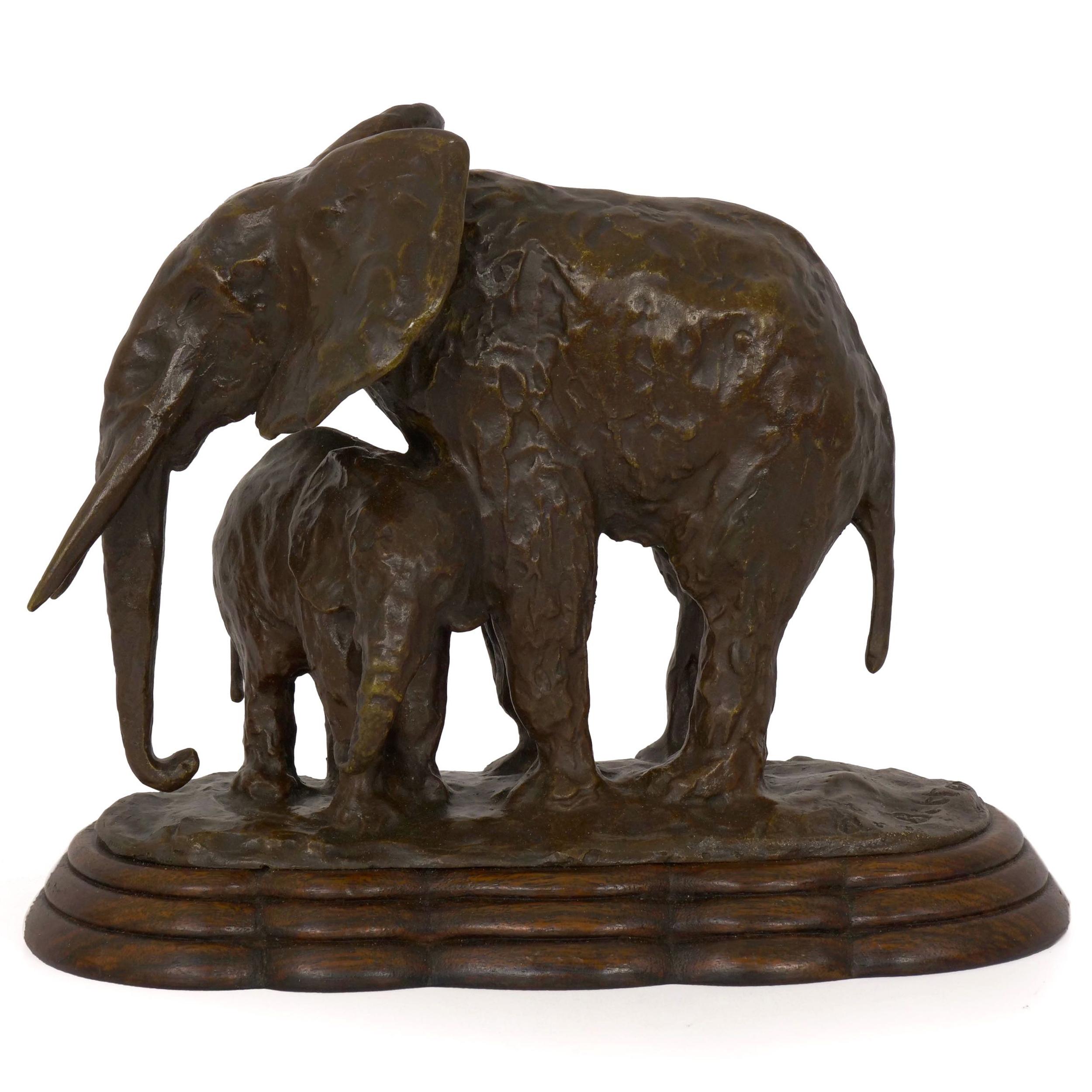 “Elephant with its Young” French Modernism Bronze Sculpture by Ary Bitter