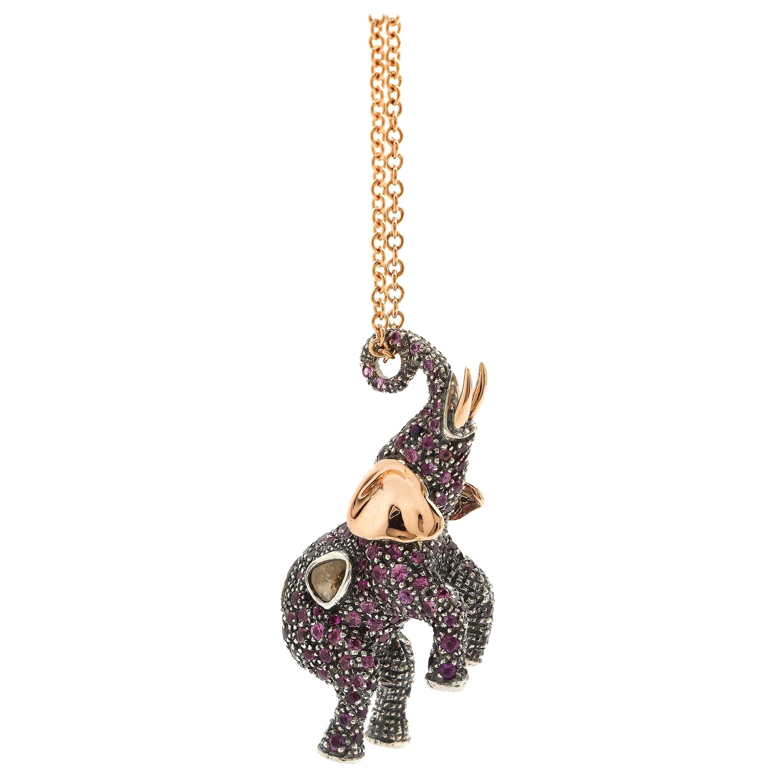 Elephant with Sapphires and Amethysts 18 Karat Gold Sterling Silver Necklace For Sale