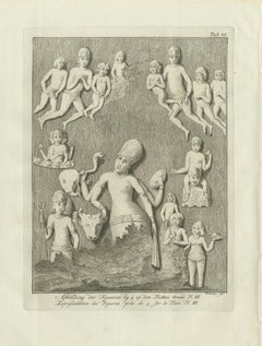 Escultura de las cuevas de Elephanta en la estación 4, grabado antiguo de Niebuhr, 1780