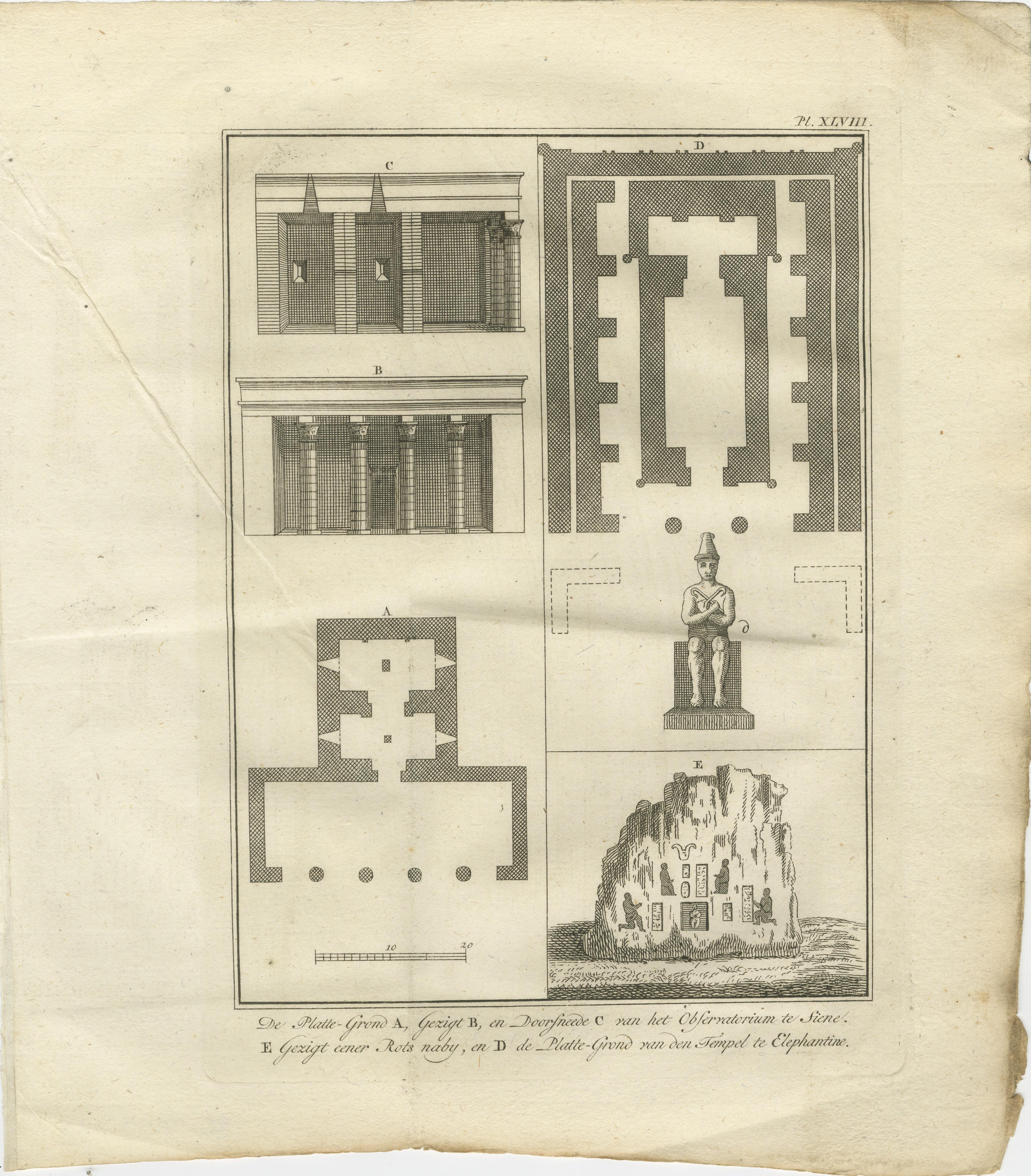 Temples d'Éléphantine et de Philae, tombes rupestres et formations granitiques - c.1776 Formations

Description :
Cette paire de gravures architecturales du XVIIIe siècle présente des monuments importants de Haute-Égypte, en particulier Éléphantine,