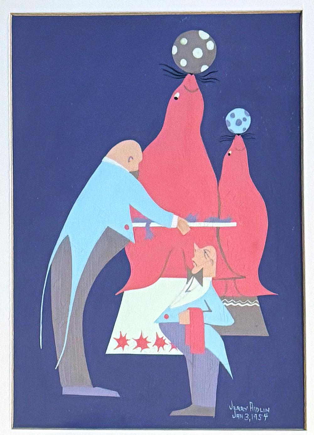 Brilliantly conceived and executed, in vivid shades of pink, pale blue, slate green and black, this pair of Mid Century paintings bring life, humor and color to scenes of circus life.  The ringmaster is introducing a pair of elephants to the center