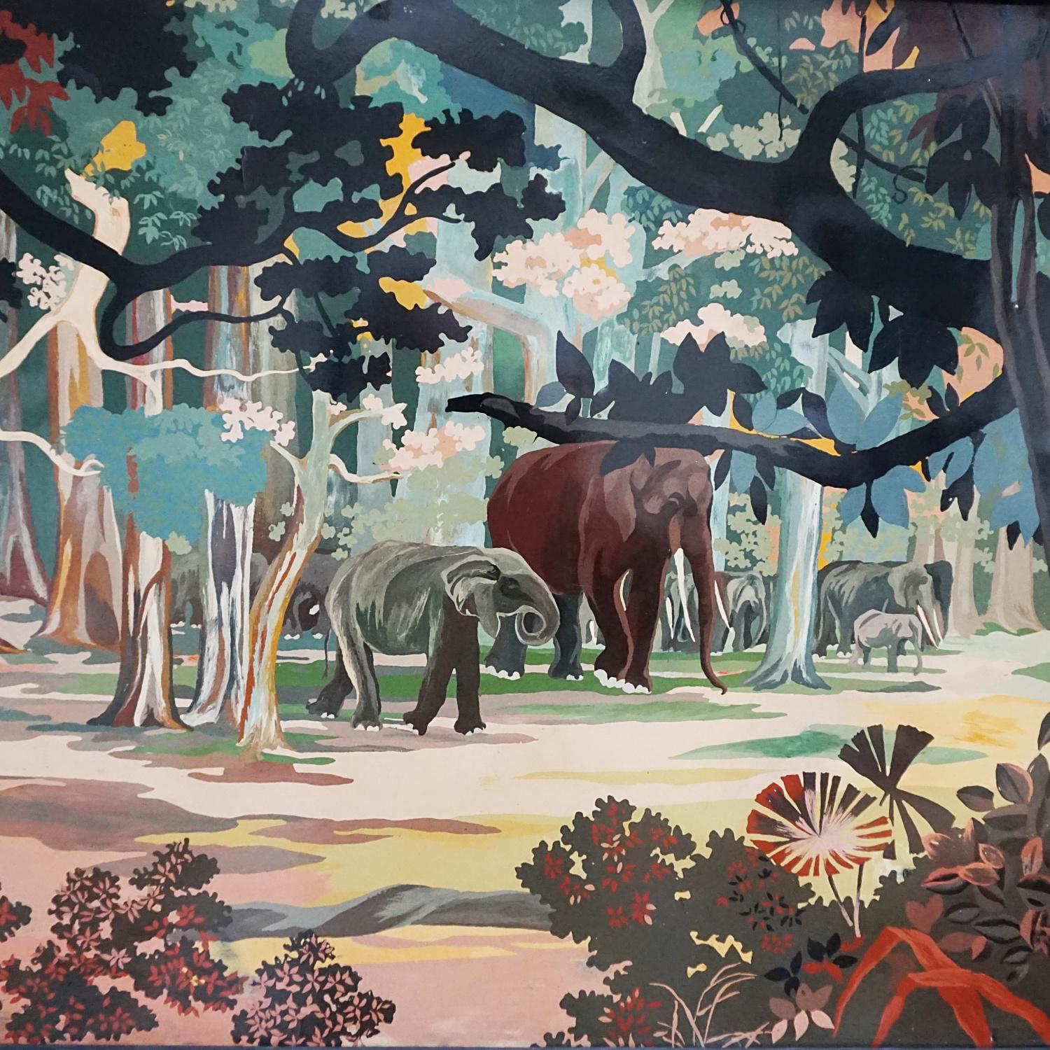 Mid-20th Century 'Elephants in the Forest' a Mid-Century Lacquer on Panel by Lė Thy Vietnamese