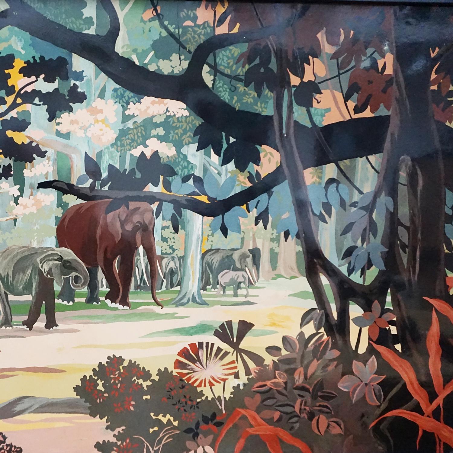 'Elephants in the Forest' a Mid-Century Lacquer on Panel by Lė Thy Vietnamese 1