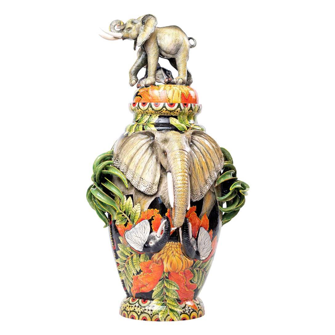Modern Elephants in the forest urn, Hand made in South Africa For Sale