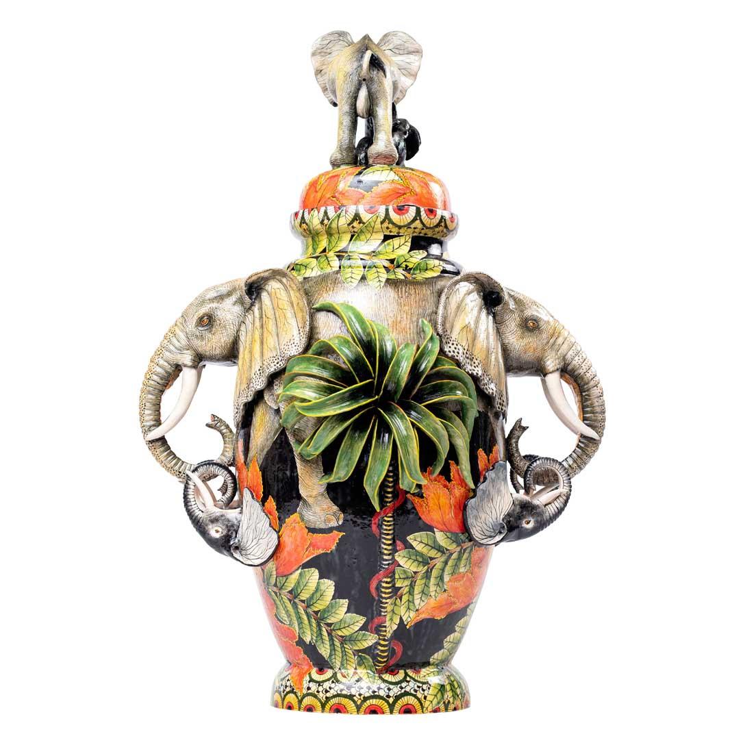 South African Elephants in the forest urn, Hand made in South Africa For Sale