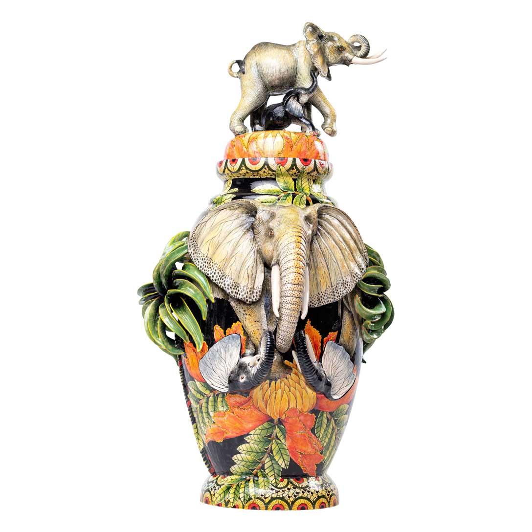 Fired Elephants in the forest urn, Hand made in South Africa For Sale