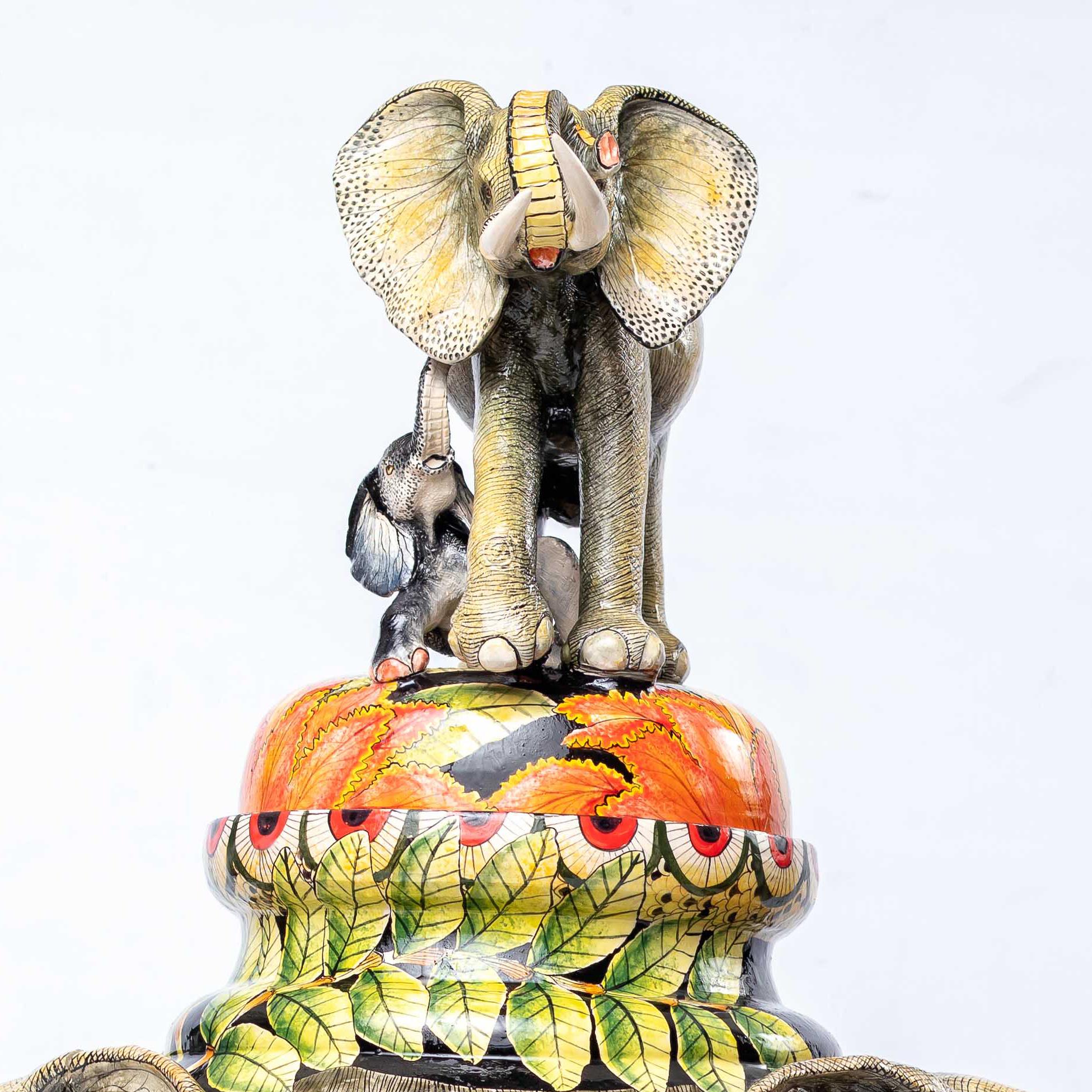 Ceramic Elephants in the forest urn, Hand made in South Africa For Sale