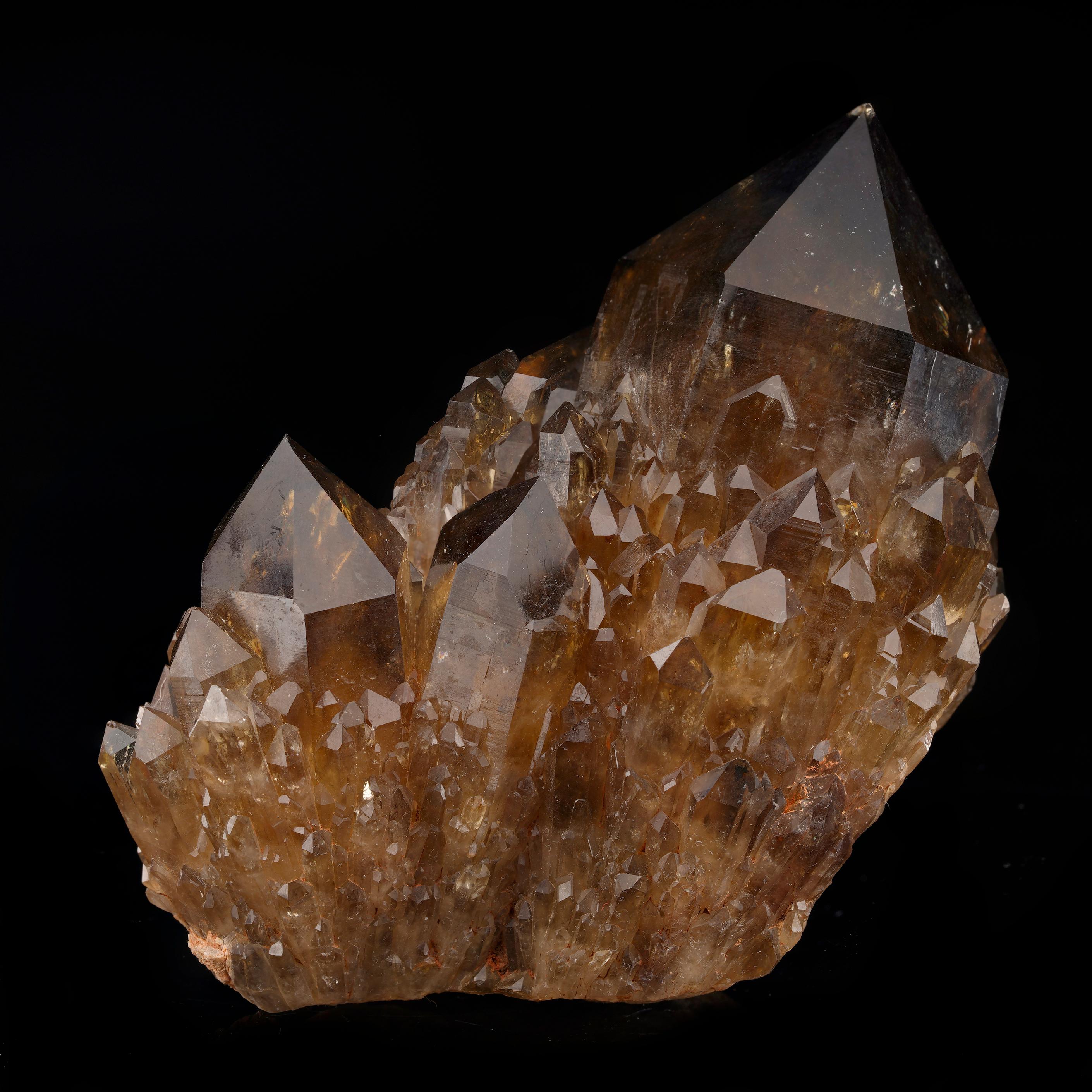 This luminous large 100% natural untreated cluster of hefty, beautifully terminated and naturally lustrous citrine points from the DRC features the incredible deep amber hue sought after by collectors of this mineral, which is only found as natural