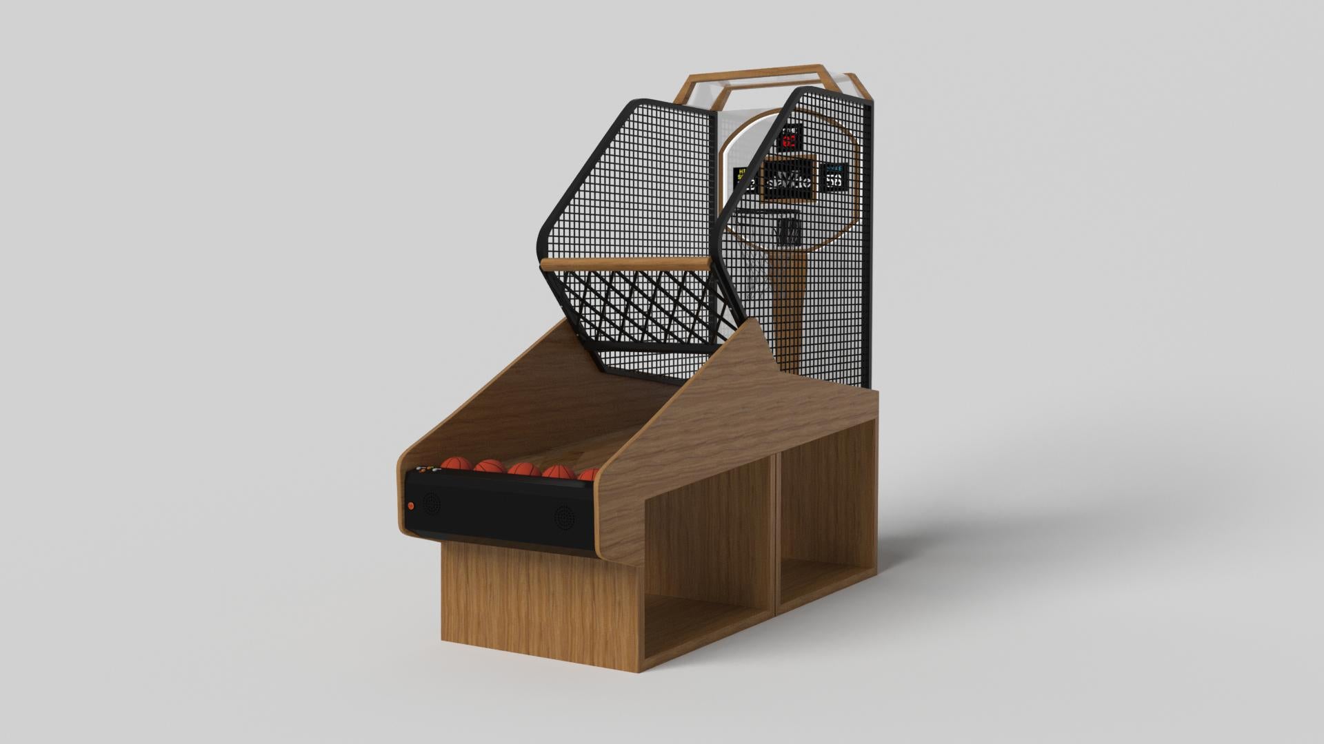 Supported by two rectangular open pedestals as the base, this handcrafted basketball game is modern and minimalistic with its combination of simple, geometric forms. Viewed from the front, the use of negative space is evident; viewed from the side,