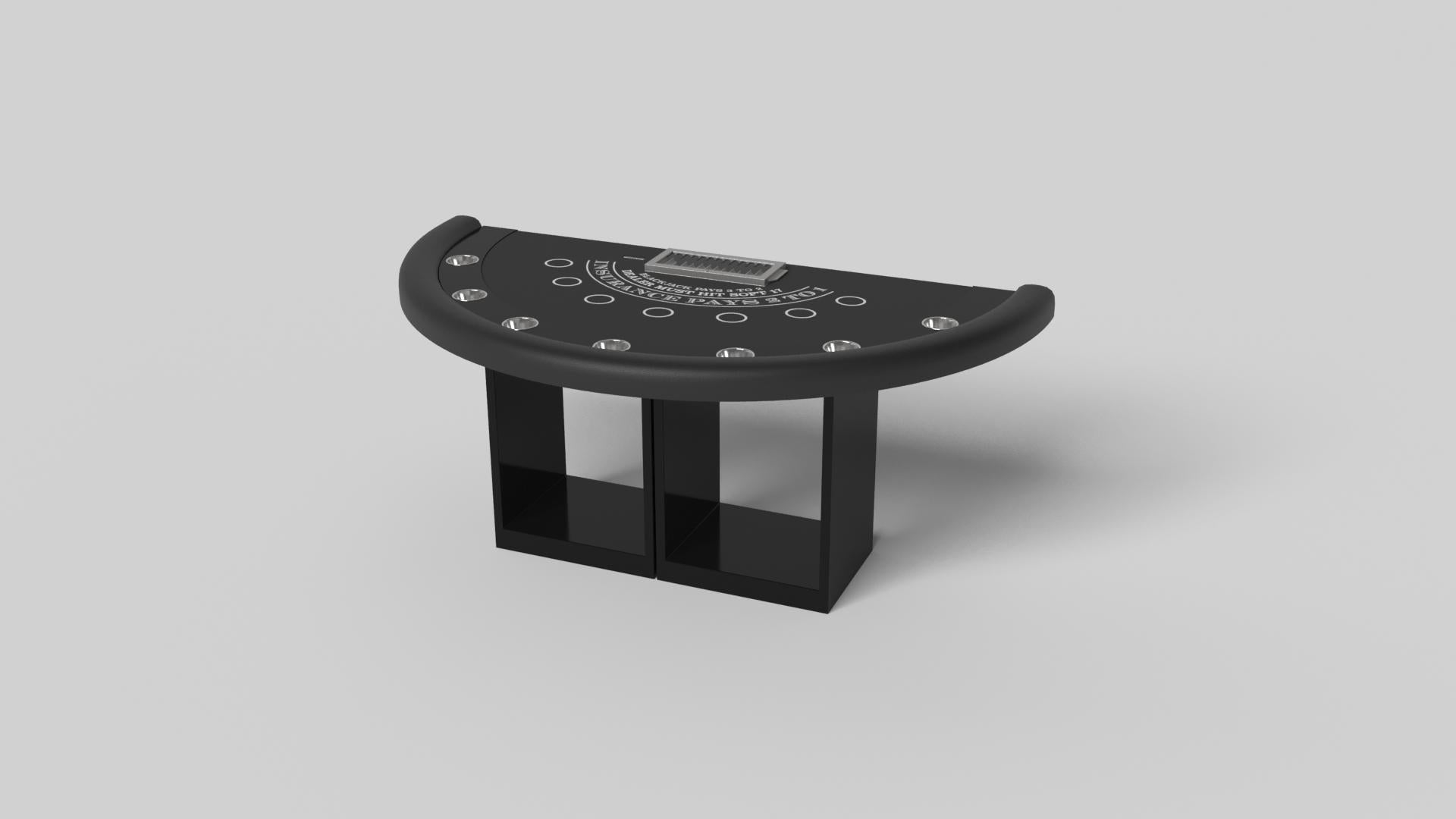 Apoyada en dos pedestales rectangulares abiertos como base, la mesa de blackjack Ambrosia es moderna y minimalista por su combinación de formas simples y geométricas. Visto de frente, el uso del espacio negativo es evidente; visto de lado, la base