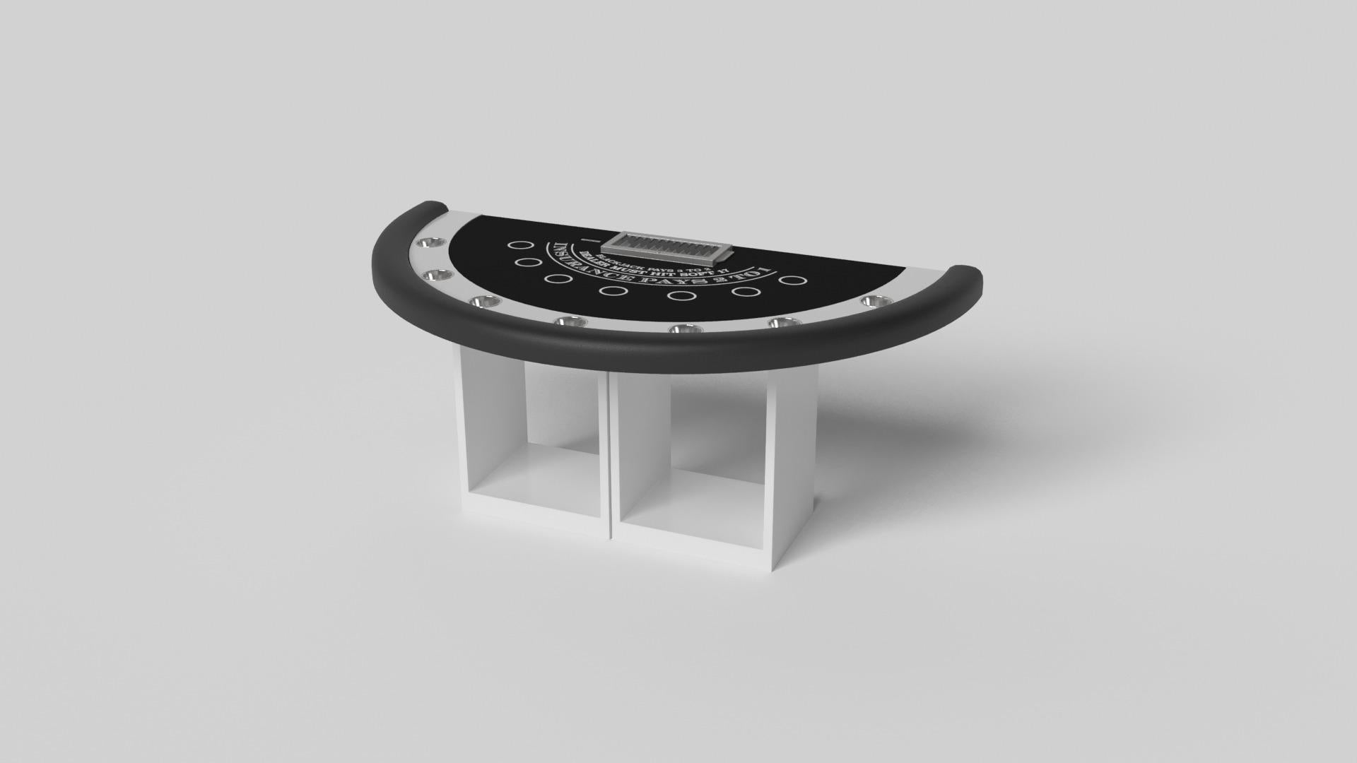 Supported by two rectangular open pedestals as the base, the Ambrosia blackjack table is modern and minimalistic with its combination of simple, geometric forms. Viewed from the front, the use of negative space is evident; viewed from the side, the