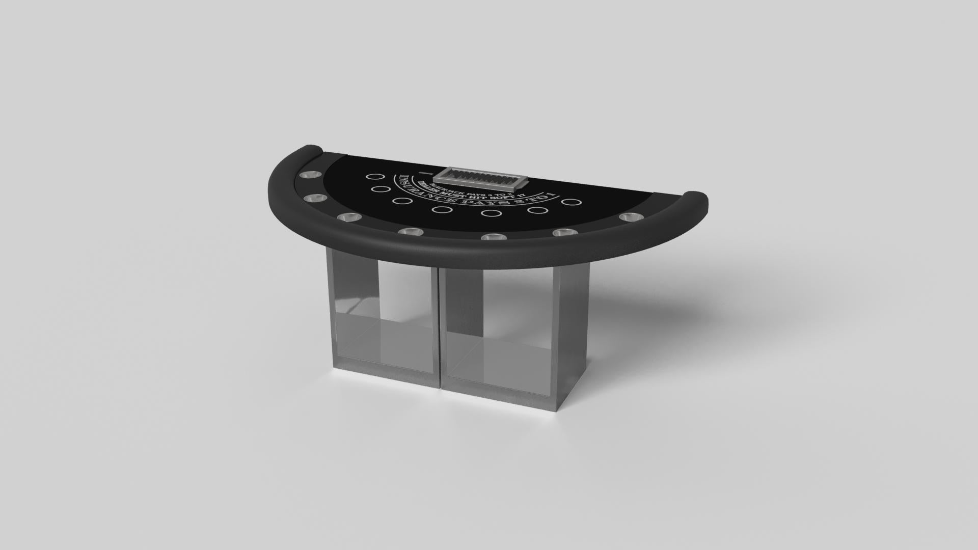 Supported by two rectangular open pedestals as the base, the Ambrosia blackjack table is modern and minimalistic with its combination of simple, geometric forms. Viewed from the front, the use of negative space is evident; viewed from the side, the