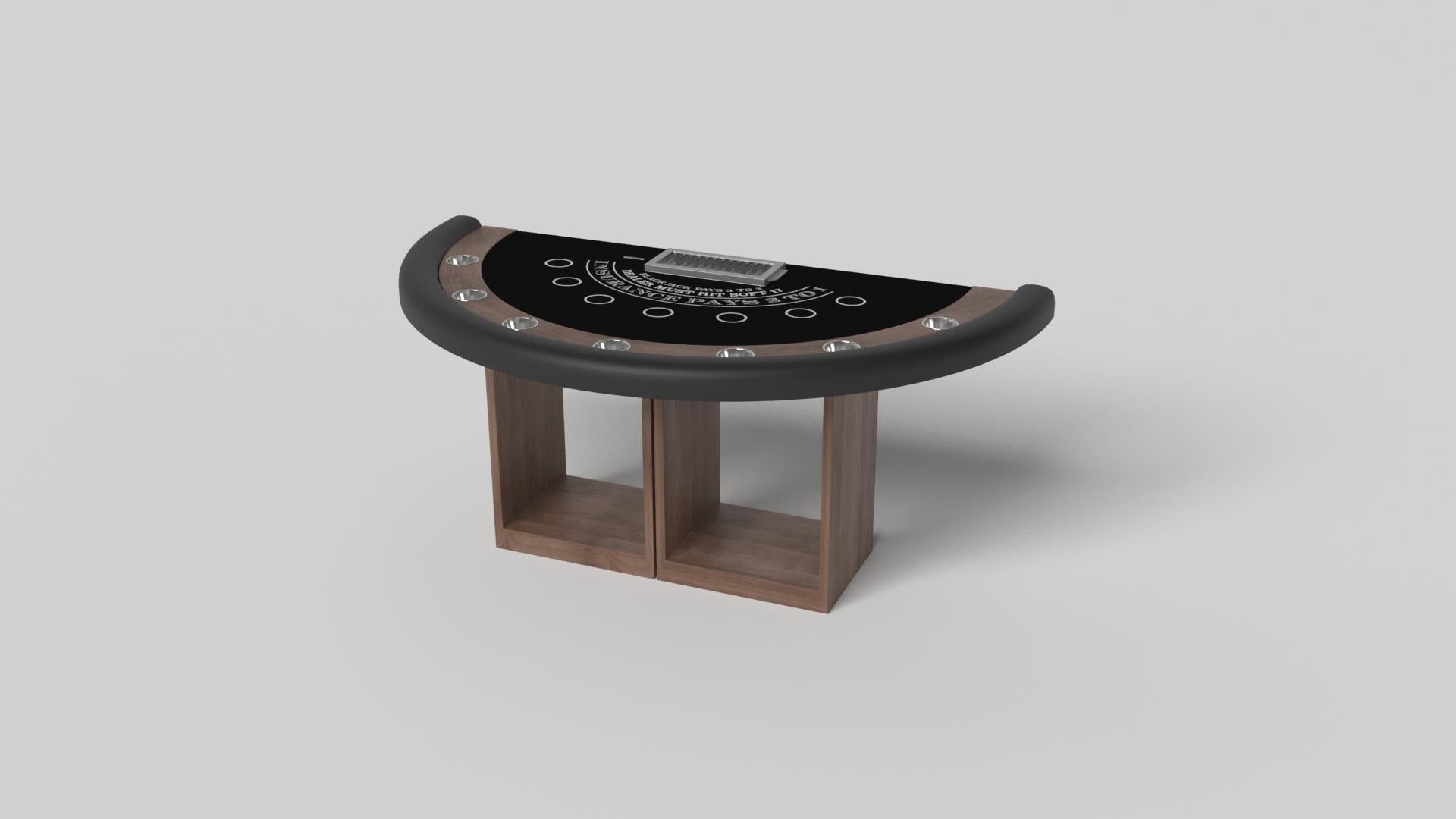 Supported by two rectangular open pedestals as the base, the Ambrosia blackjack table is modern and minimalistic with its combination of simple, geometric forms. Viewed from the front, the use of negative space is evident; viewed from the side, the