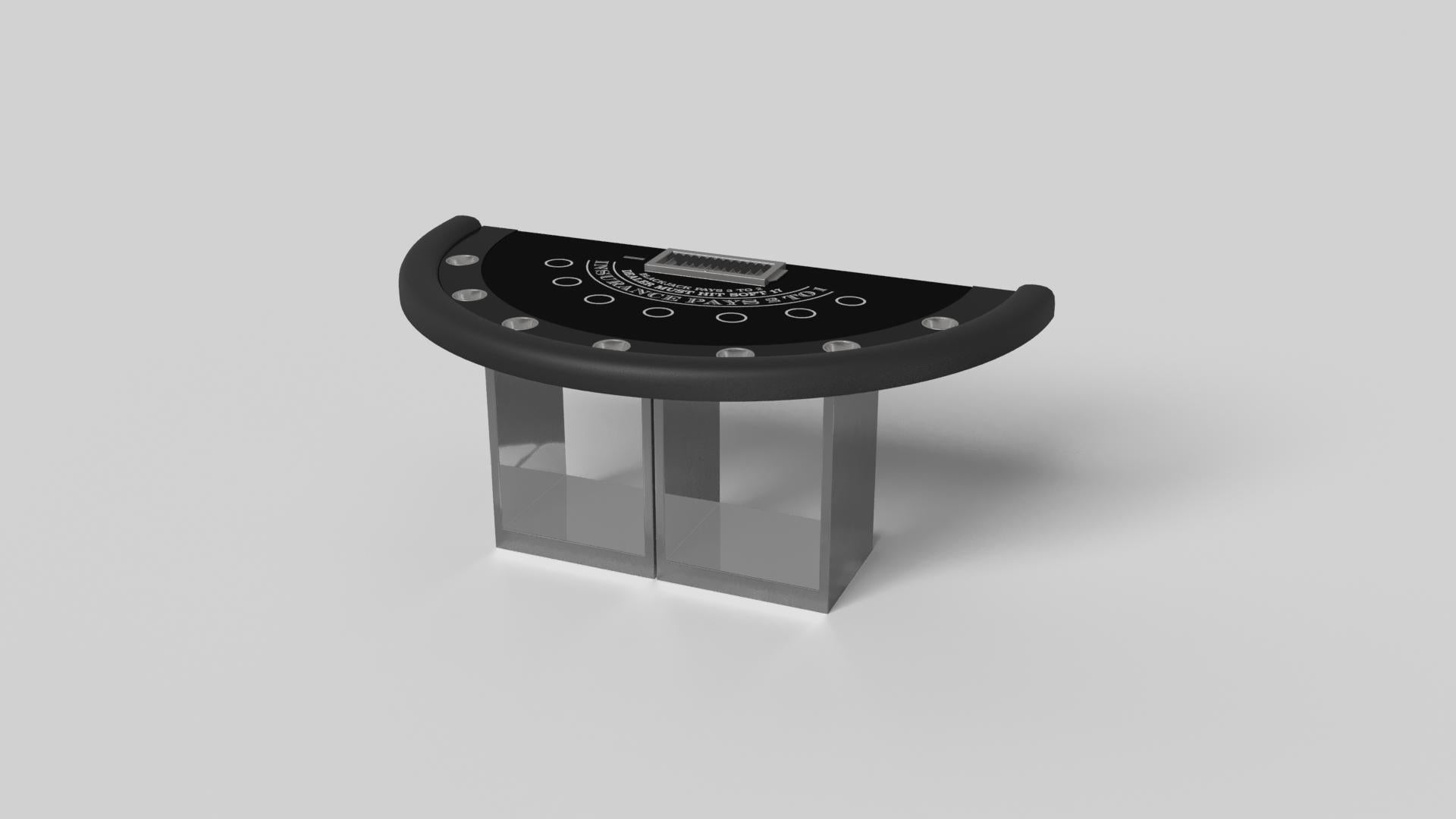 Soutenue par deux piédestaux rectangulaires ouverts en guise de base, la table de blackjack Ambrosia est moderne et minimaliste avec sa combinaison de formes simples et géométriques. Vue de face, l'utilisation de l'espace négatif est évidente ; vue