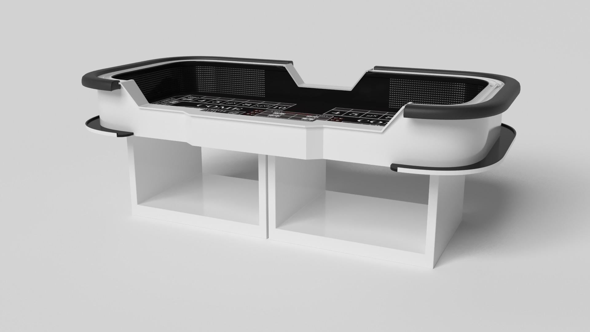 Supported by two rectangular open pedestals as the base, the Ambrosia craps table is modern and minimalistic with its combination of simple, geometric forms. Viewed from the front, the use of negative space is evident; viewed from the side, the base