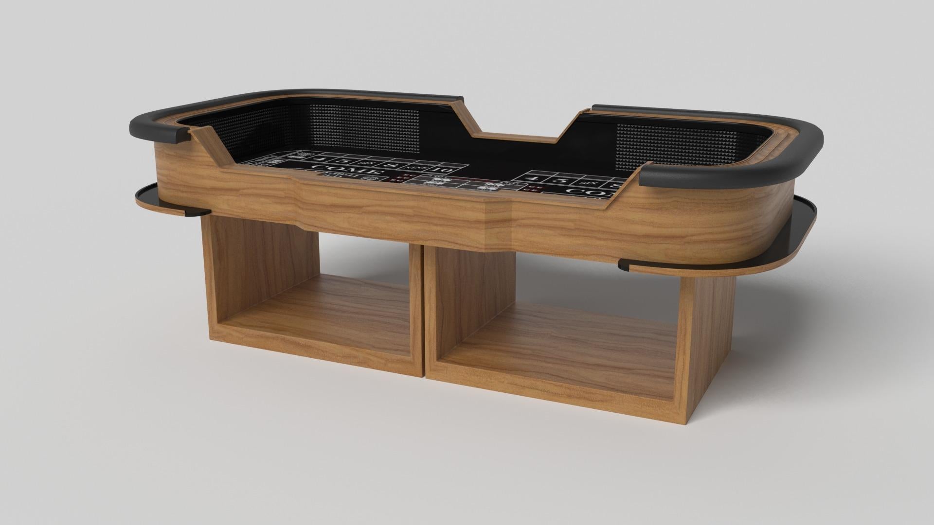 Supported by two rectangular open pedestals as the base, the Ambrosia craps table is modern and minimalistic with its combination of simple, geometric forms. Viewed from the front, the use of negative space is evident; viewed from the side, the base
