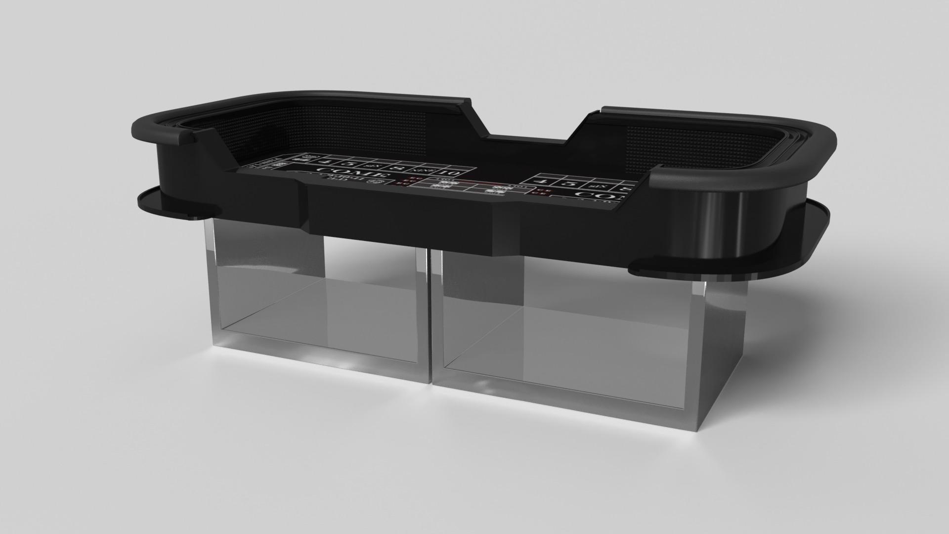 Supported by two rectangular open pedestals as the base, the Ambrosia craps table is modern and minimalistic with its combination of simple, geometric forms. Viewed from the front, the use of negative space is evident; viewed from the side, the base