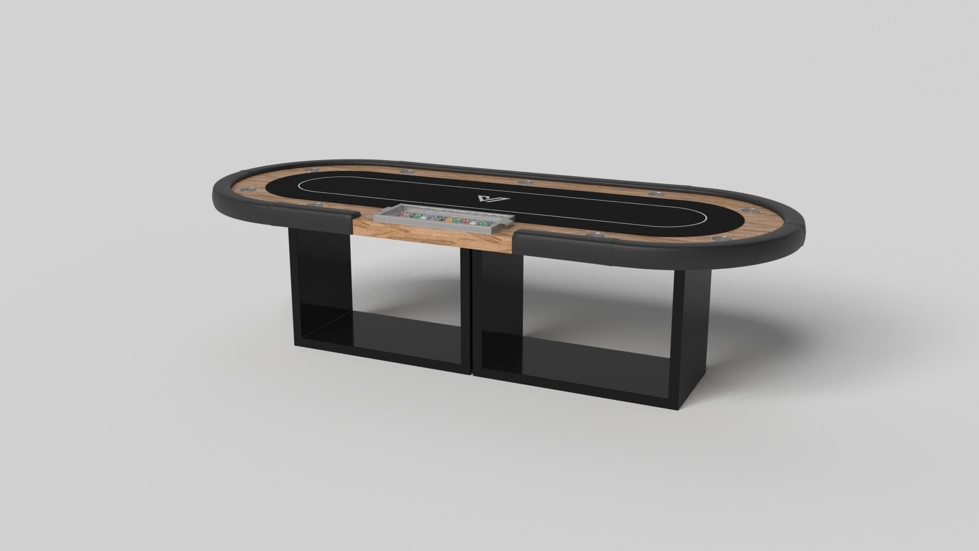Sostenuto da due piedistalli rettangolari aperti come base, questo tavolo da shuffleboard artigianale è moderno e minimalista con la sua combinazione di forme semplici e geometriche. Vista di fronte, l'uso dello spazio negativo è evidente; vista di