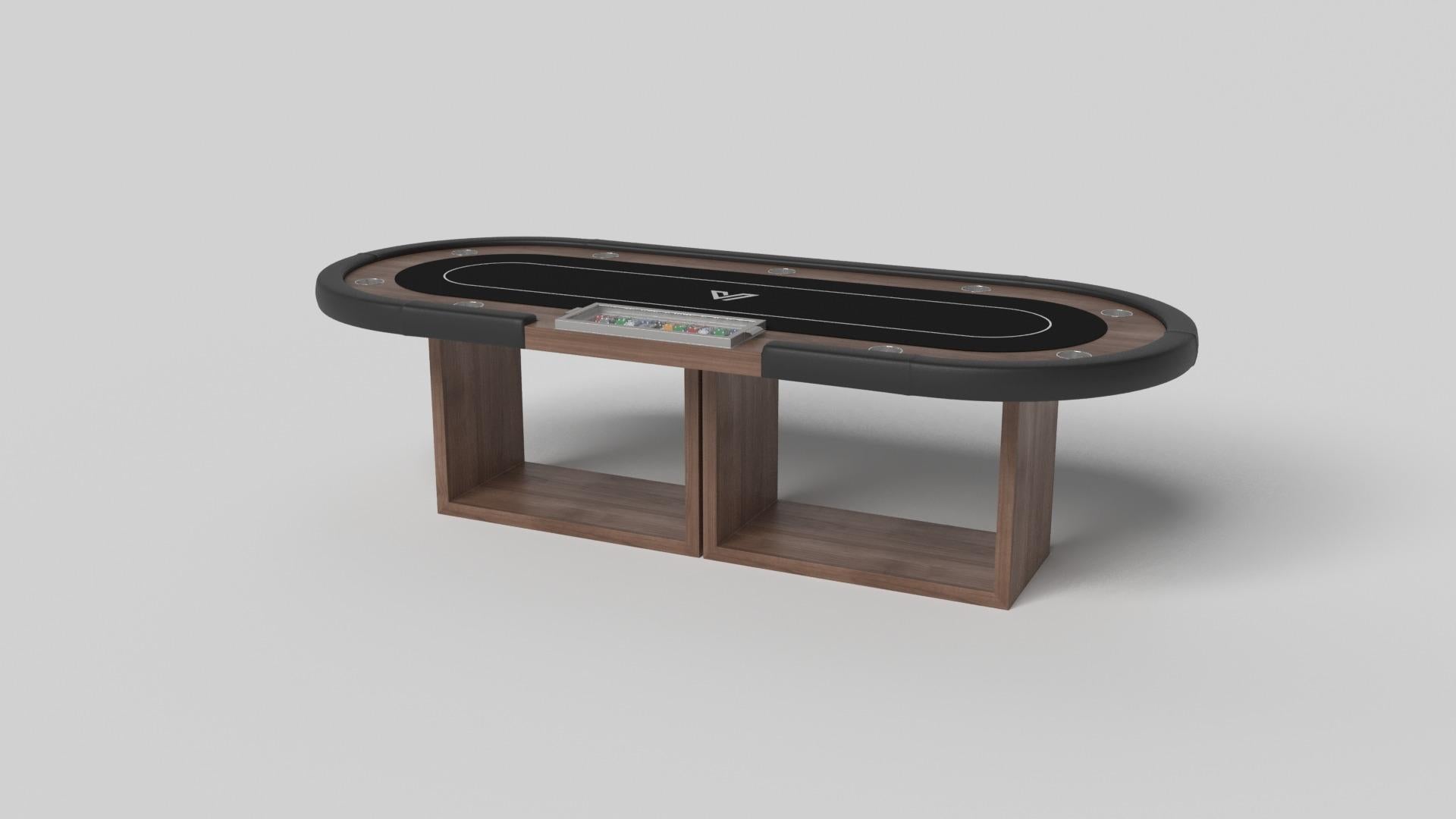 Sostenuto da due piedistalli rettangolari aperti come base, questo tavolo da shuffleboard artigianale è moderno e minimalista con la sua combinazione di forme semplici e geometriche. Vista di fronte, l'uso dello spazio negativo è evidente; vista di