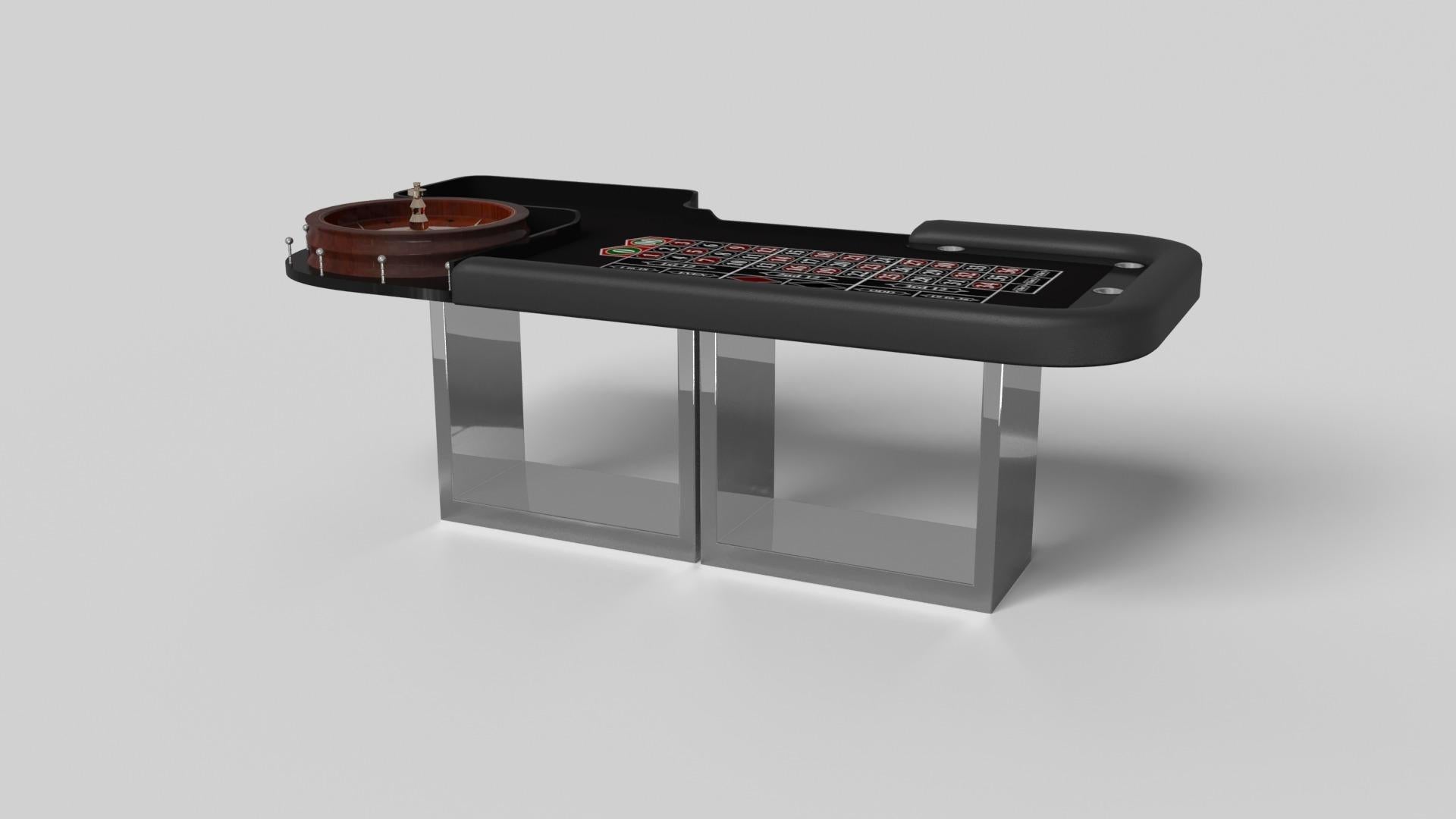 Supported by two rectangular open pedestals as the base, the Ambrosia roulette table is modern and minimalistic with its combination of simple, geometric forms. Viewed from the front, the use of negative space is evident; viewed from the side, the