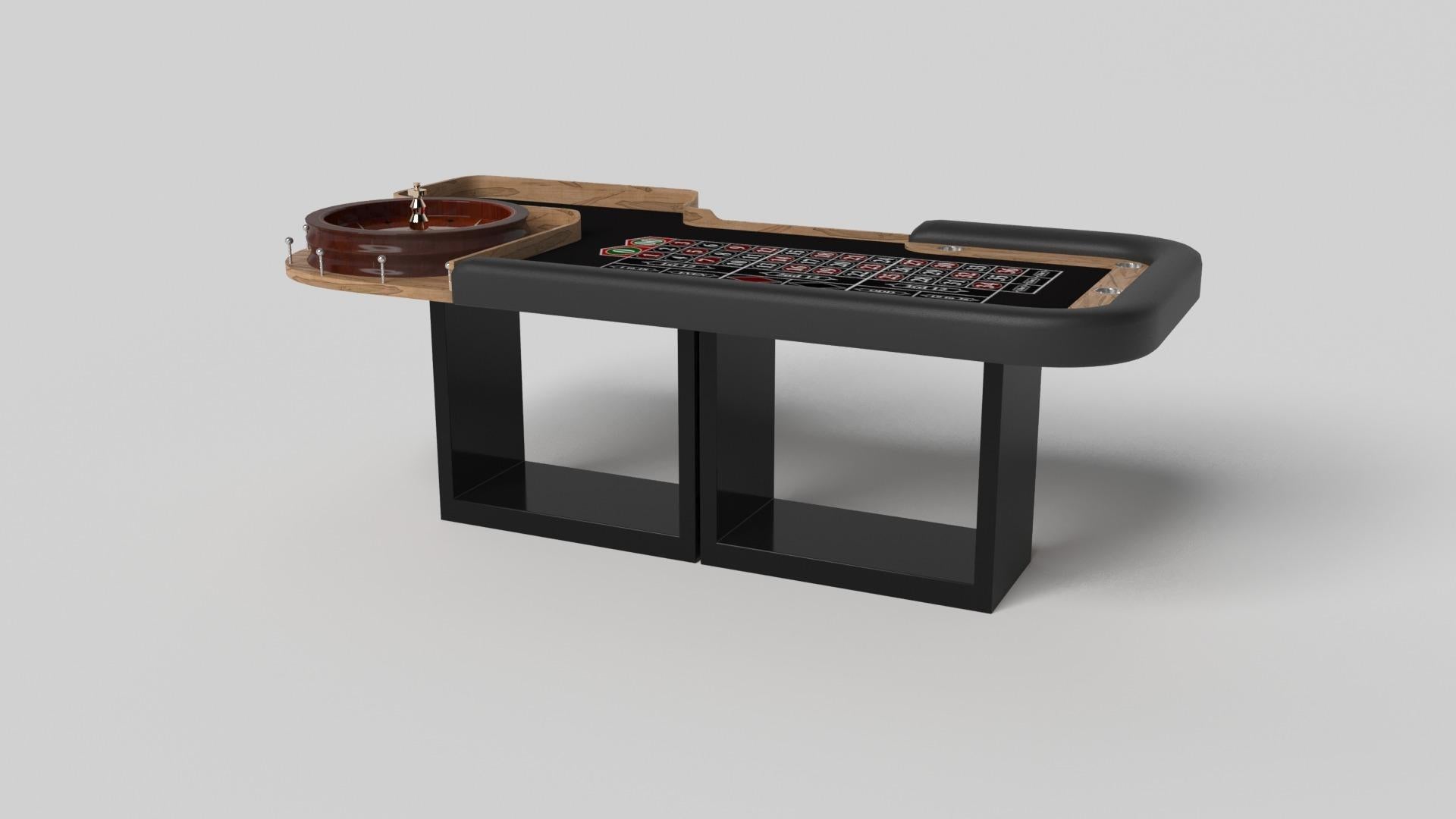 Soutenue par deux socles rectangulaires ouverts en guise de base, la table de roulette Ambrosia est moderne et minimaliste avec sa combinaison de formes simples et géométriques. Vue de face, l'utilisation de l'espace négatif est évidente ; vue de