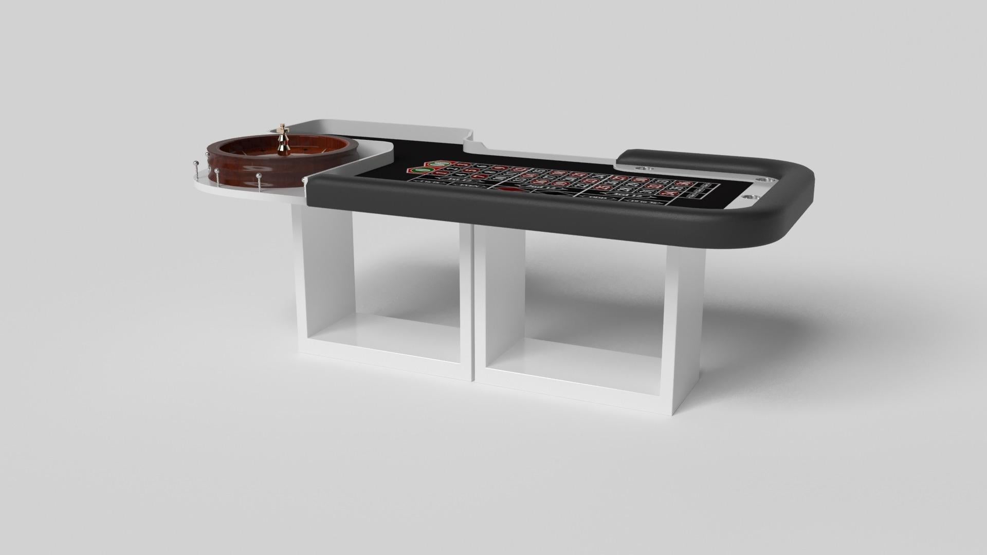 Supported by two rectangular open pedestals as the base, the Ambrosia roulette table is modern and minimalistic with its combination of simple, geometric forms. Viewed from the front, the use of negative space is evident; viewed from the side, the