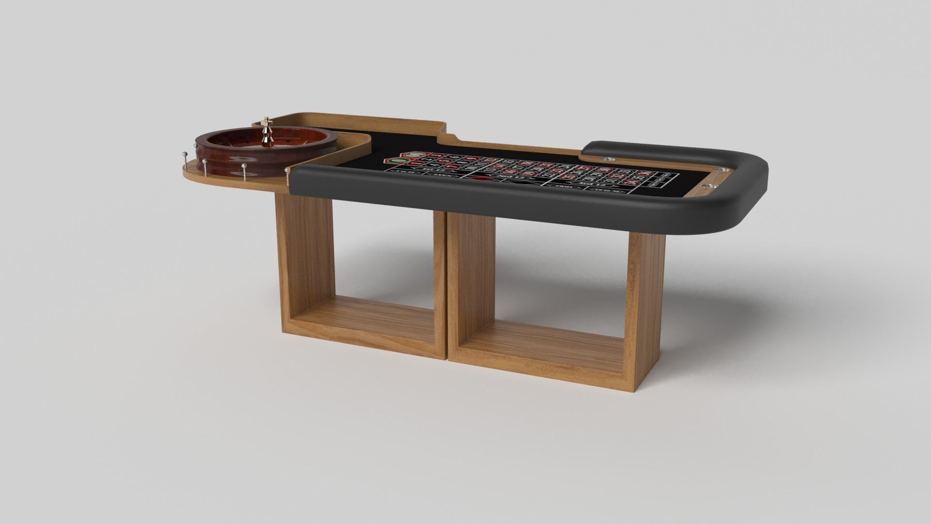 Supported by two rectangular open pedestals as the base, the Ambrosia roulette table is modern and minimalistic with its combination of simple, geometric forms. Viewed from the front, the use of negative space is evident; viewed from the side, the