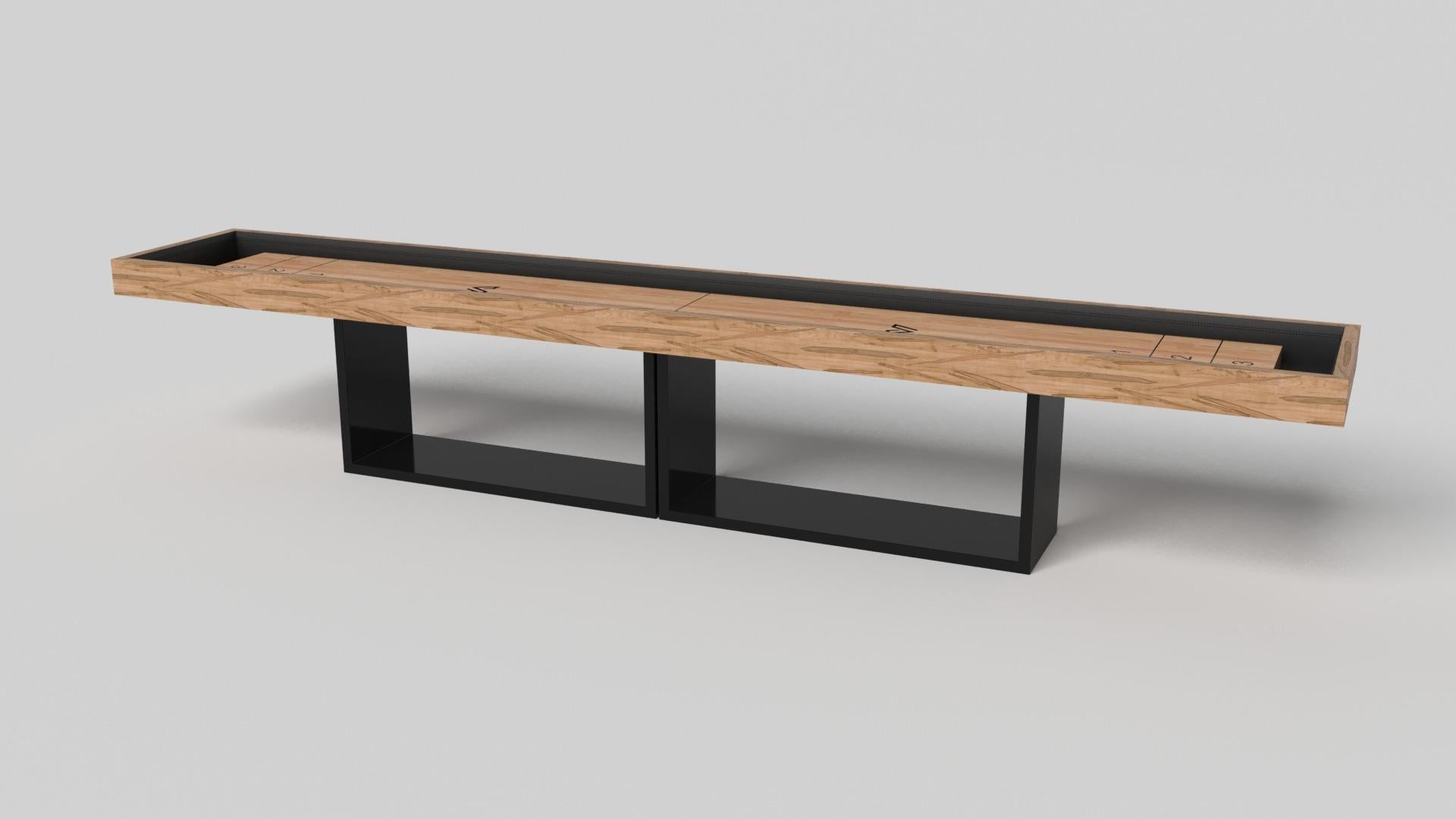 Supported by two rectangular open pedestals as the base, this handcrafted shuffleboard table is modern and minimalistic with its combination of simple, geometric forms. Viewed from the front, the use of negative space is evident; viewed from the