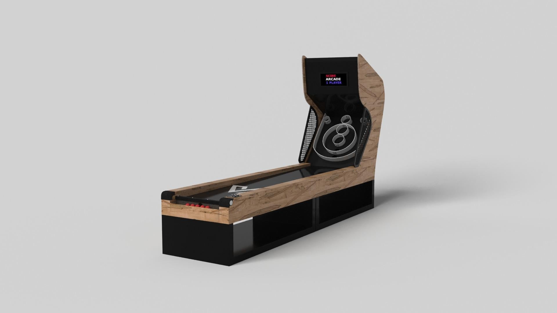 Supported by two rectangular open pedestals as the base, this handcrafted skeeball game is modern and minimalistic with its combination of simple, geometric forms. Viewed from the front, the use of negative space is evident; viewed from the side,