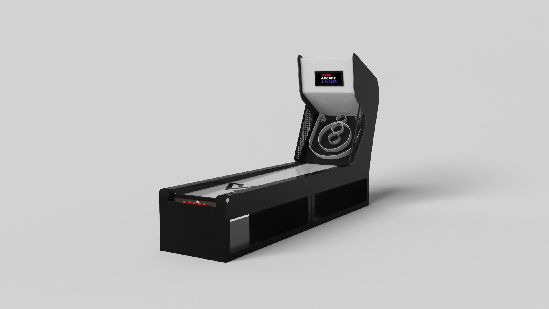 Supported by two rectangular open pedestals as the base, this handcrafted skeeball game is modern and minimalistic with its combination of simple, geometric forms. Viewed from the front, the use of negative space is evident; viewed from the side,