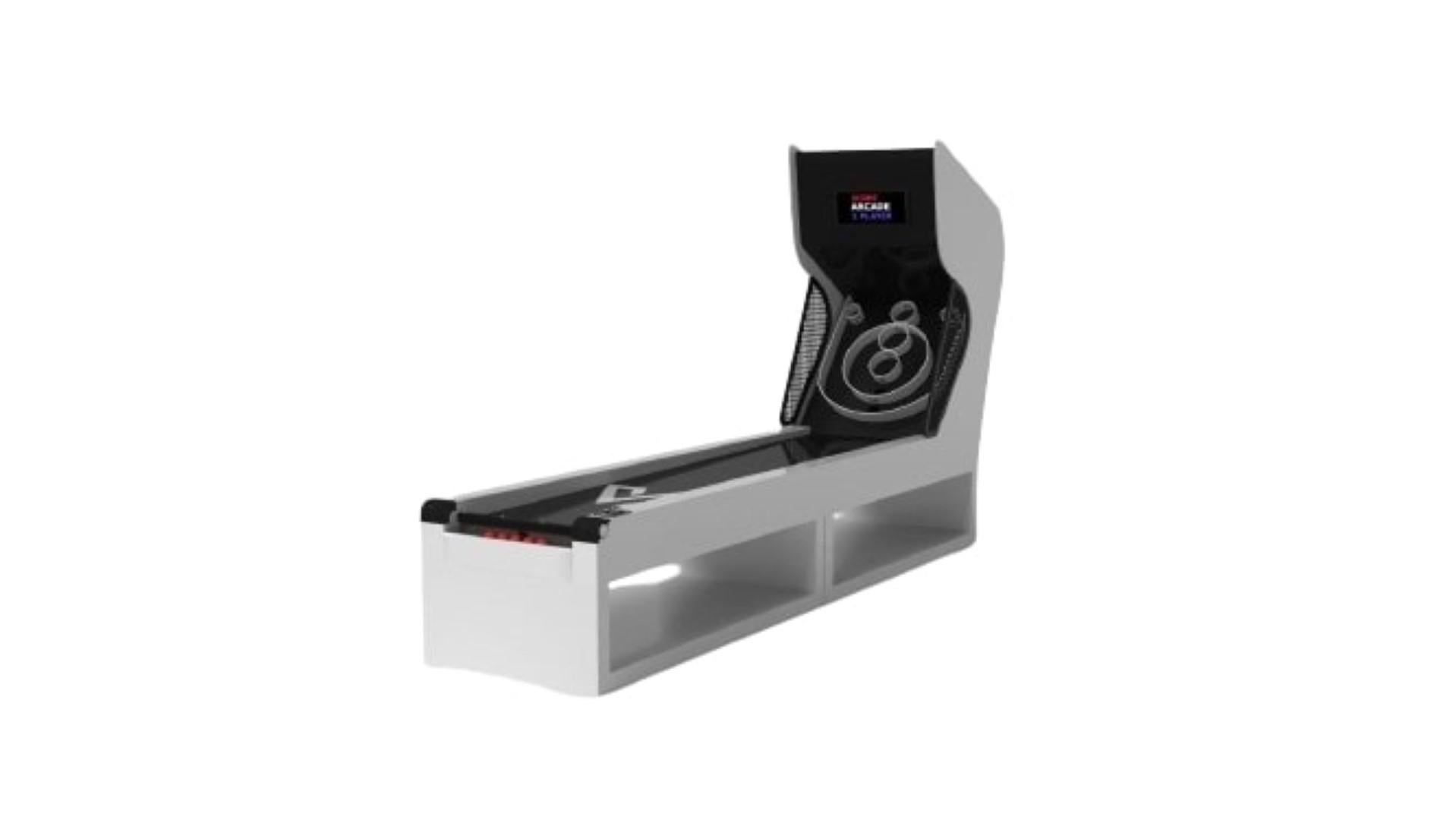 Supported by two rectangular open pedestals as the base, this handcrafted skeeball game is modern and minimalistic with its combination of simple, geometric forms. Viewed from the front, the use of negative space is evident; viewed from the side,
