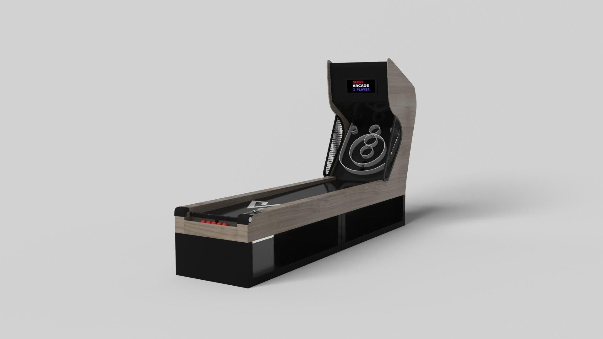 Supported by two rectangular open pedestals as the base, this handcrafted skeeball game is modern and minimalistic with its combination of simple, geometric forms. Viewed from the front, the use of negative space is evident; viewed from the side,