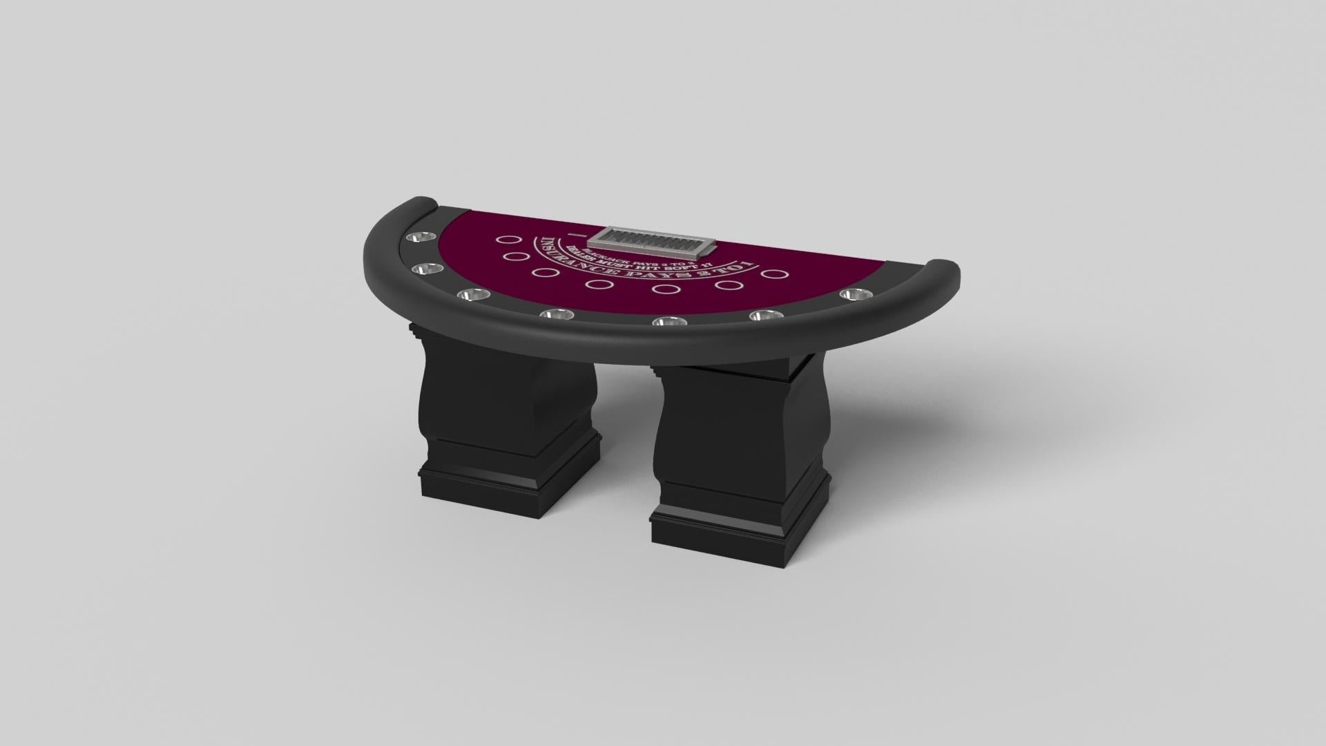 Two hand-sculpted legs bestow a sense of classic style upon the Baluster blackjack table in white. This luxury game table features a semicircular top perched upon two wide baluster column legs that mimic the curves and lines of crown molding. It’s a