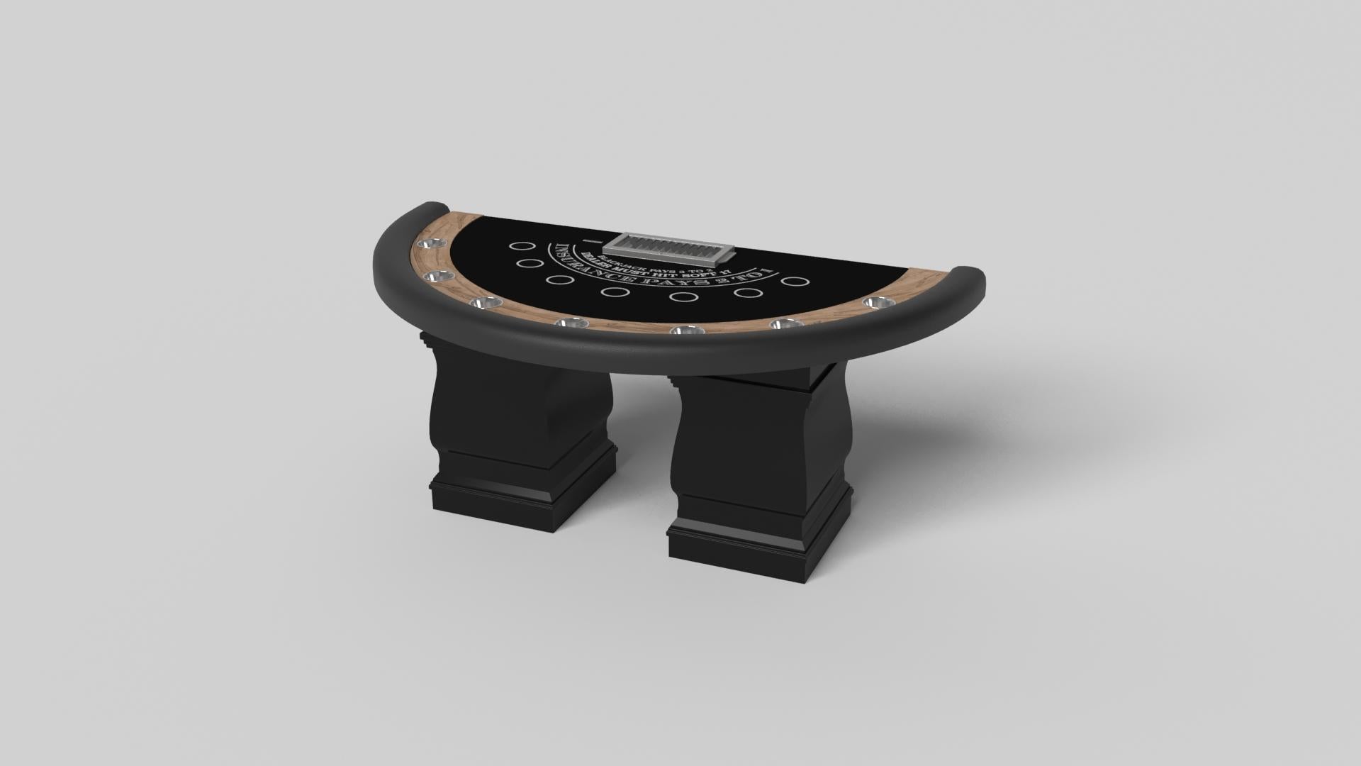 Two hand-sculpted legs bestow a sense of classic style upon the Baluster blackjack table in white. This luxury game table features a semicircular top perched upon two wide baluster column legs that mimic the curves and lines of crown molding. It’s a