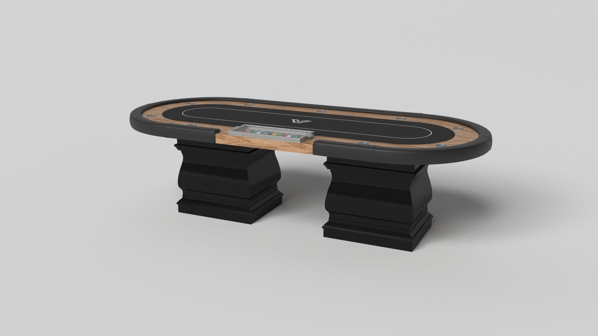 Zwei handgeformte Beine verleihen diesem handgefertigten Pokertisch in Weiß ein Gefühl von klassischem Stil. Dieser luxuriöse Holztisch hat eine glatte, rechteckige Platte, die auf zwei breiten Balustersäulen ruht, die die Kurven und Linien eines