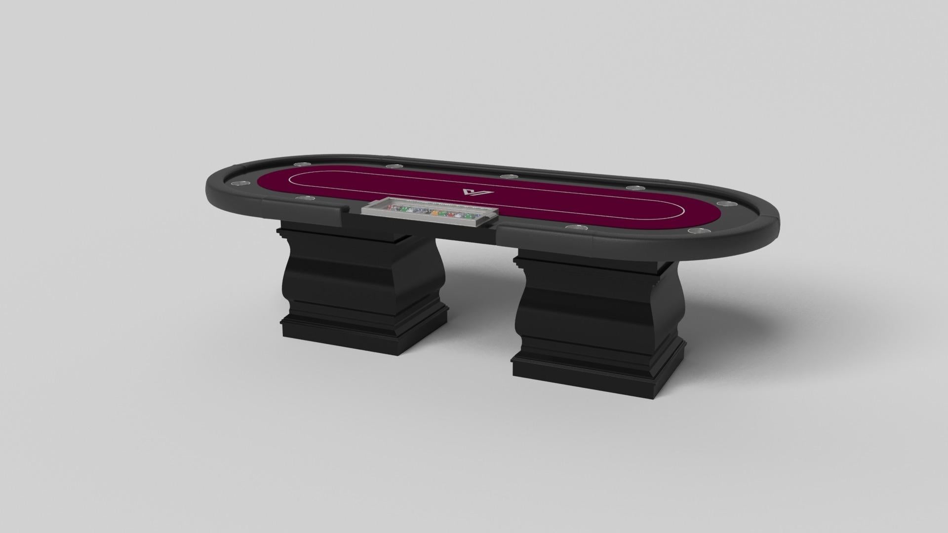 Two hand-sculpted legs bestow a sense of classic style upon this handcrafted poker table in white. This luxury wood game table features a smooth rectangular top perched upon two wide baluster column legs that mimic the curves and lines of crown