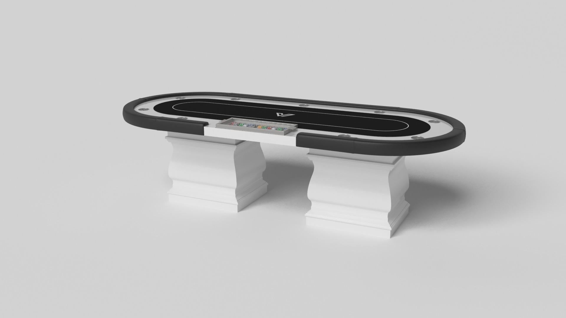Two hand-sculpted legs bestow a sense of classic style upon this handcrafted poker table in white. This luxury wood game table features a smooth rectangular top perched upon two wide baluster column legs that mimic the curves and lines of crown